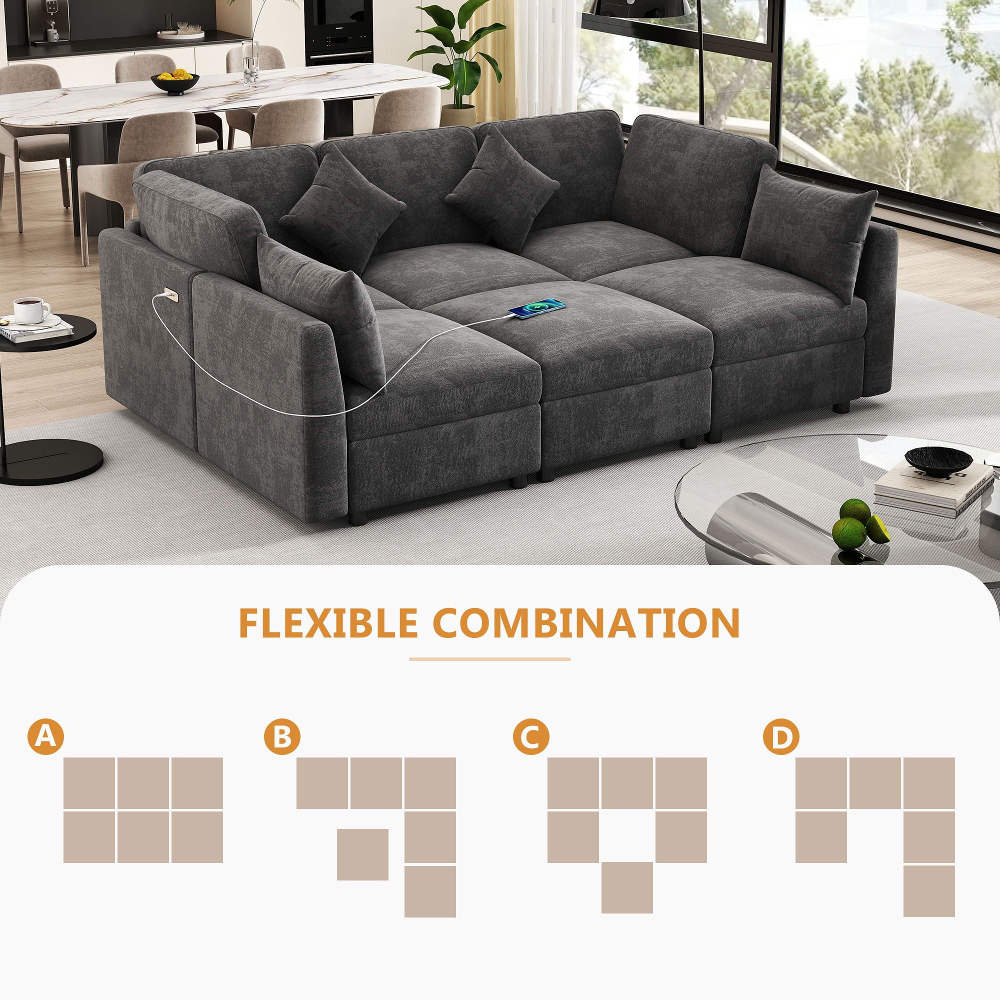 Sectional Sofa Modular U-Shaped With Ottoman & USB Ports