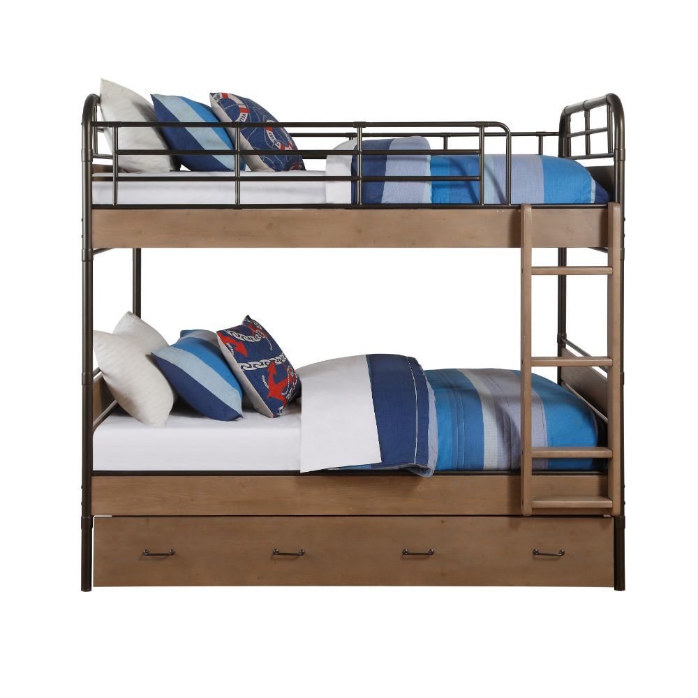ACME Adams - Twin Over Twin Bunk Bed & Trundle - Antique Oak & Gunmetal | Meri Furniture