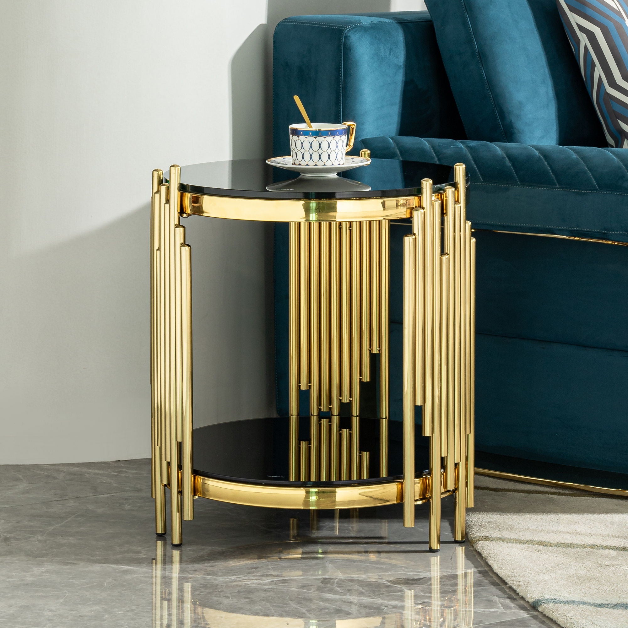 Elegant Round Table With Double Layer Tempered Glass Top And Stainless Steel Frame For Living Room
