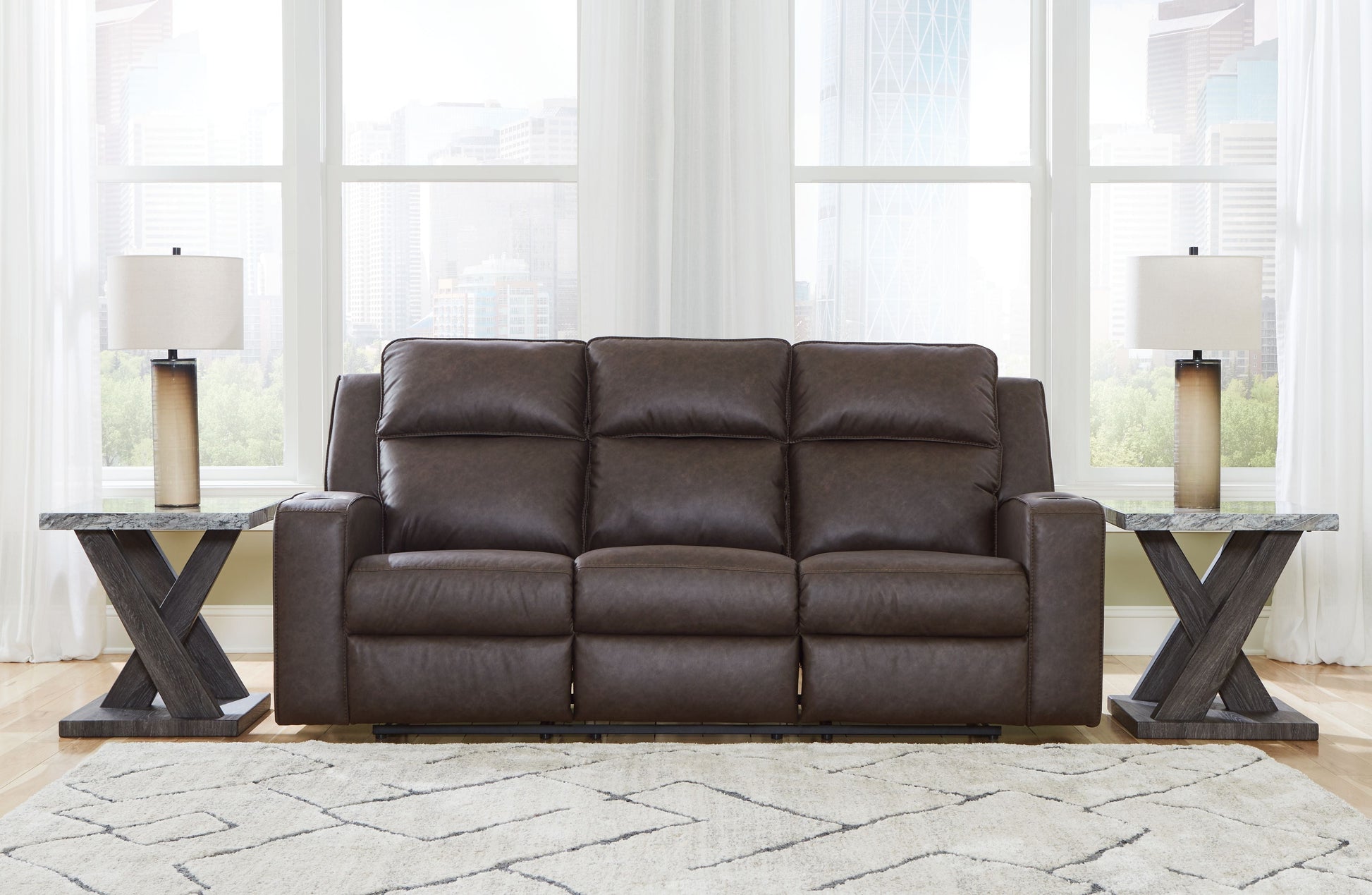 Signature Design by Ashley® Lavenhorne - Granite - Rec Sofa W/Drop Down Table | Meri Furniture