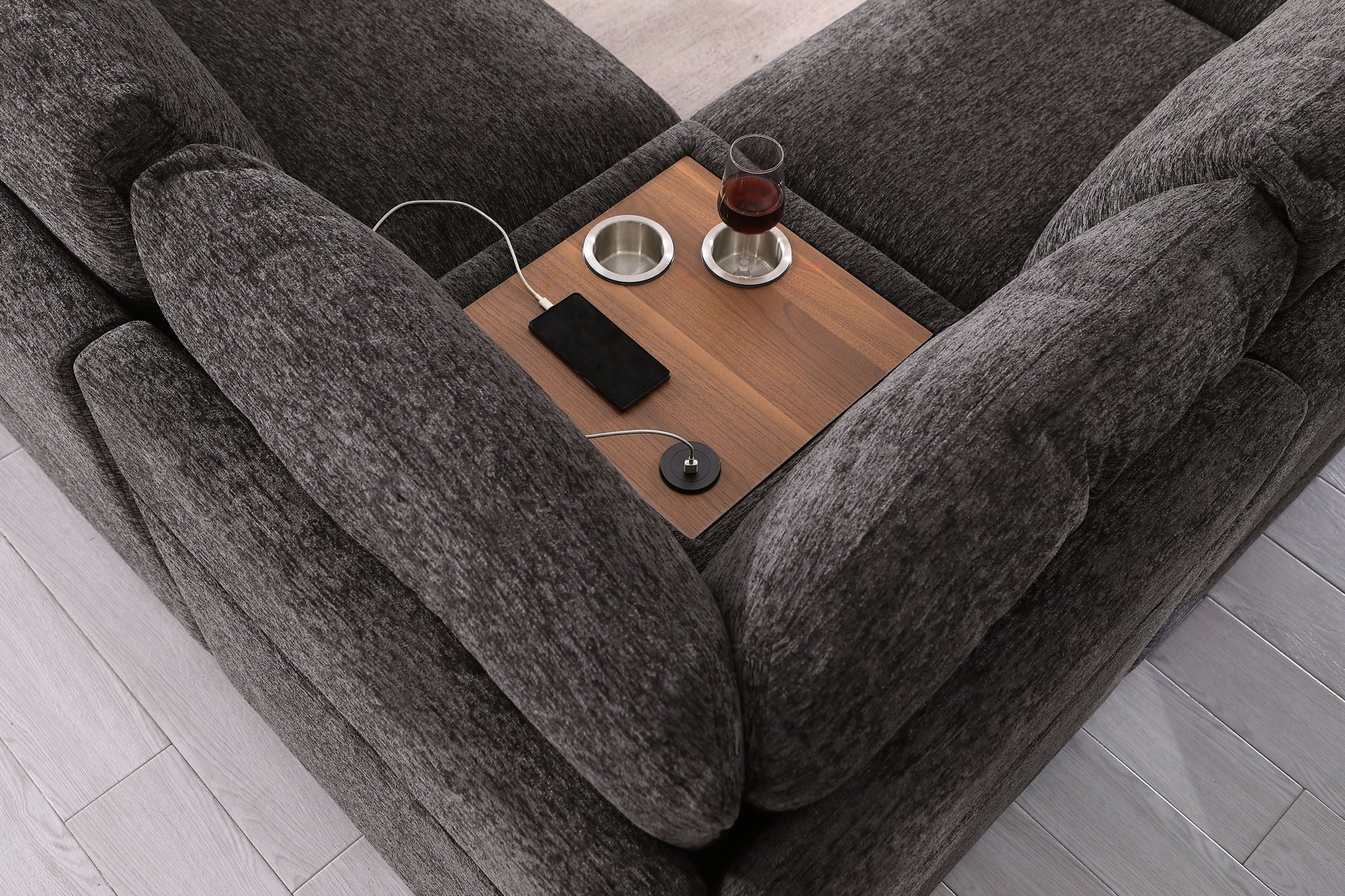 Celine - Chenille Fabric Corner Sectional Sofa With Right Facing Chaise, Cupholders, And Charging Ports - Gray