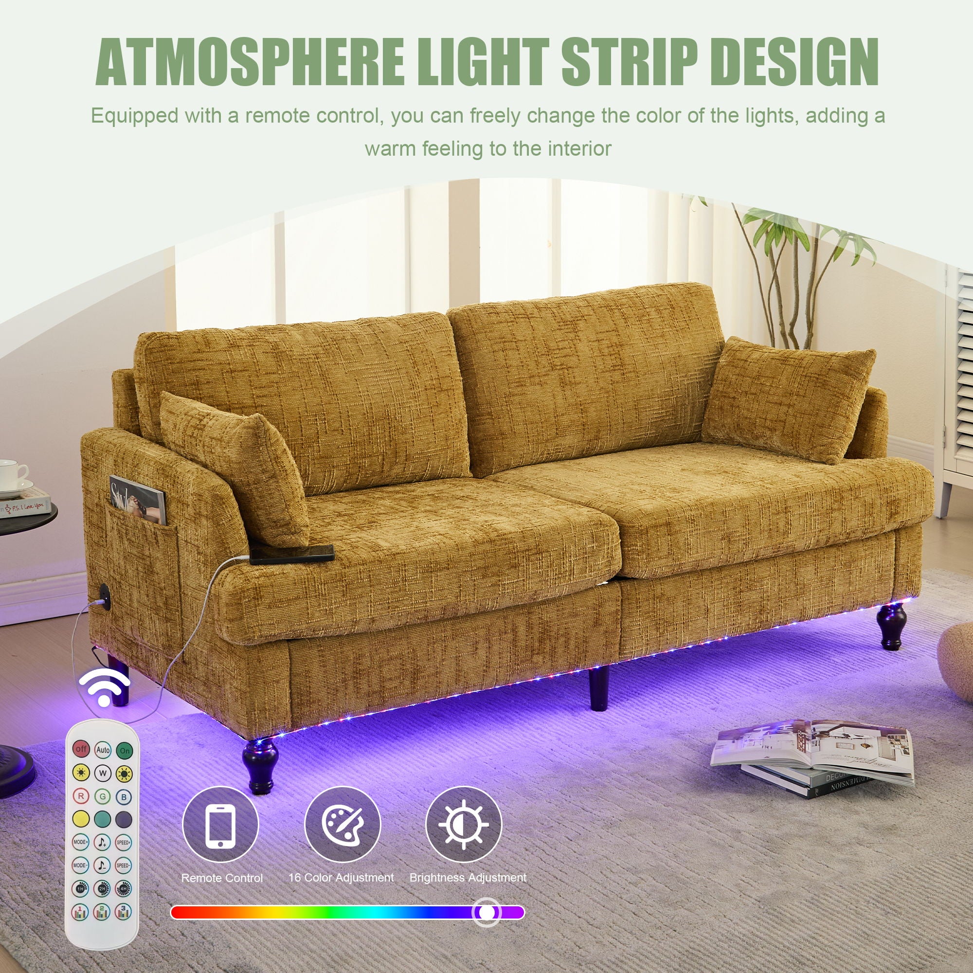 Chenille 2 Seater Sofa With LED Light, USB Charging Port, And Storage Bag