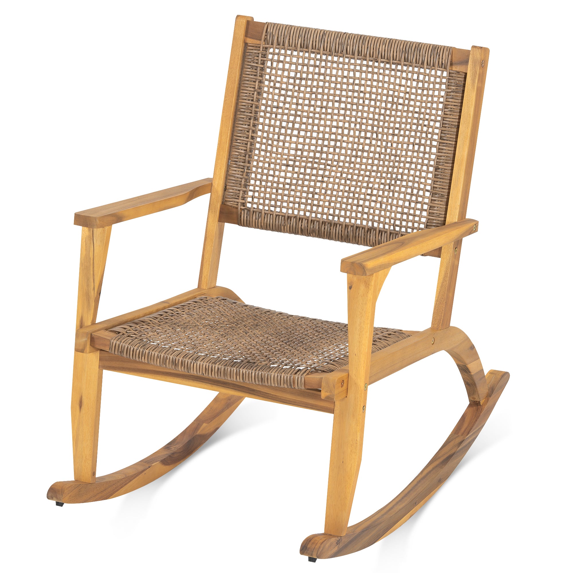 2-Pieces Patio Rocking Chair Set, Acacia Wood Outdoor Rockers with Wicker Rattan Seat & Backrest