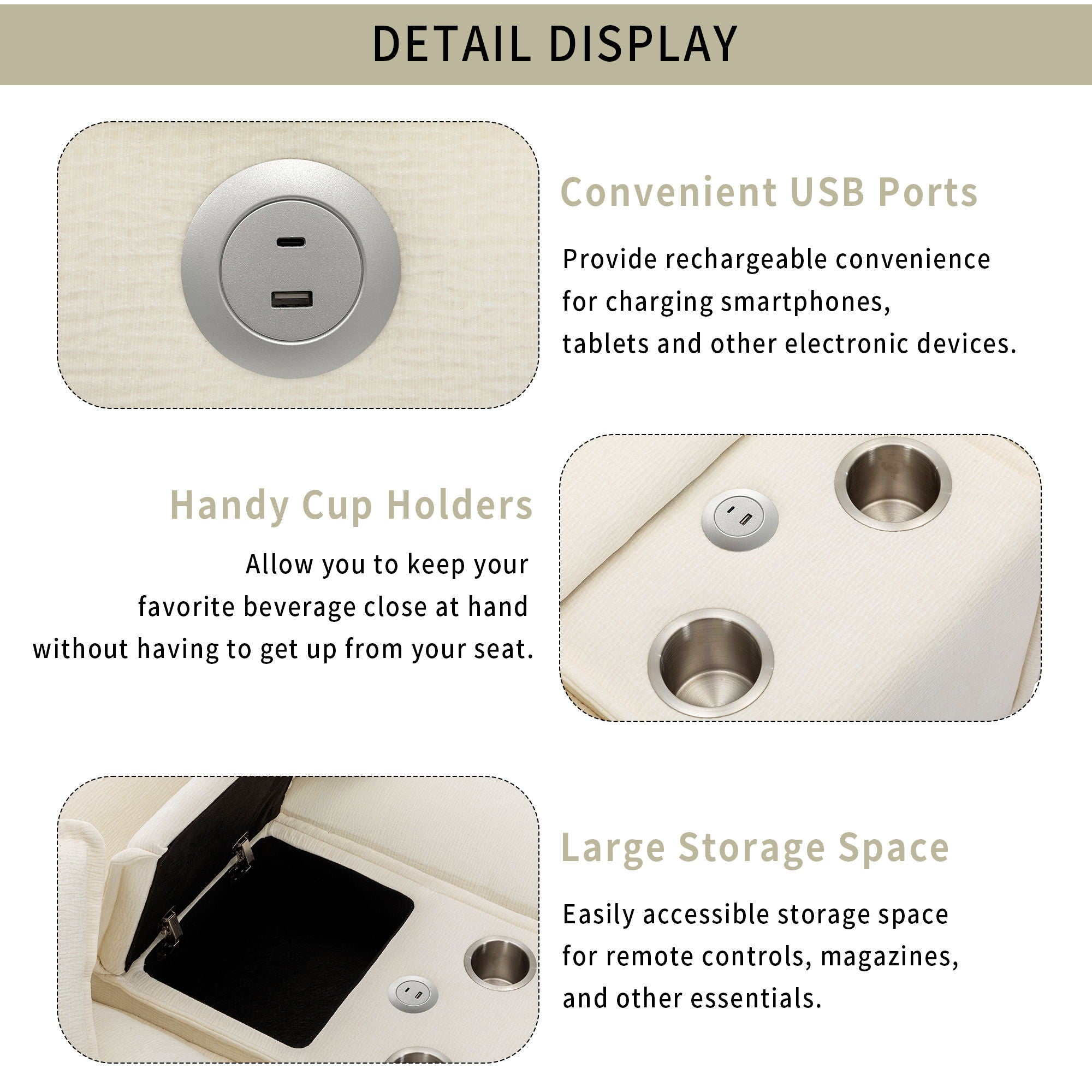 Sectional Sofa Chenille Upholstered Sofa With Two Removable Ottoman, Two USB Ports, Two Cup Holders And Large Storage Box For Living Room