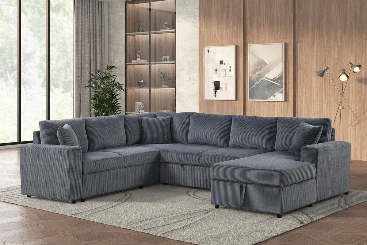Ruxley 123"W Gray Corduroy Sleeper Sectional Sofa with Right-Facing Storage Chaise and Throw Pillows