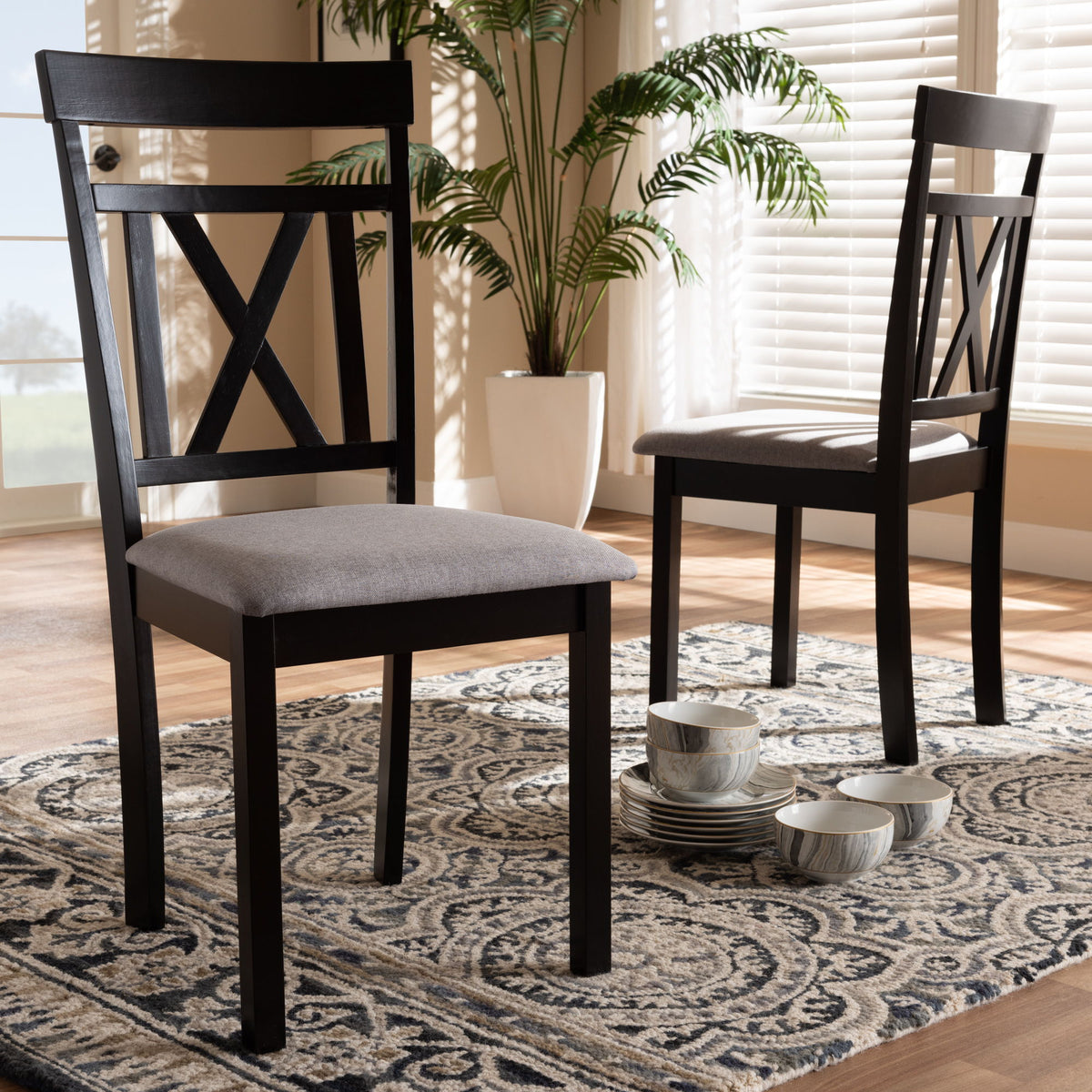 Rosie Modern and Contemporary Grey Fabric Upholstered and Espresso Brown Finished Dining Chair Set of 2