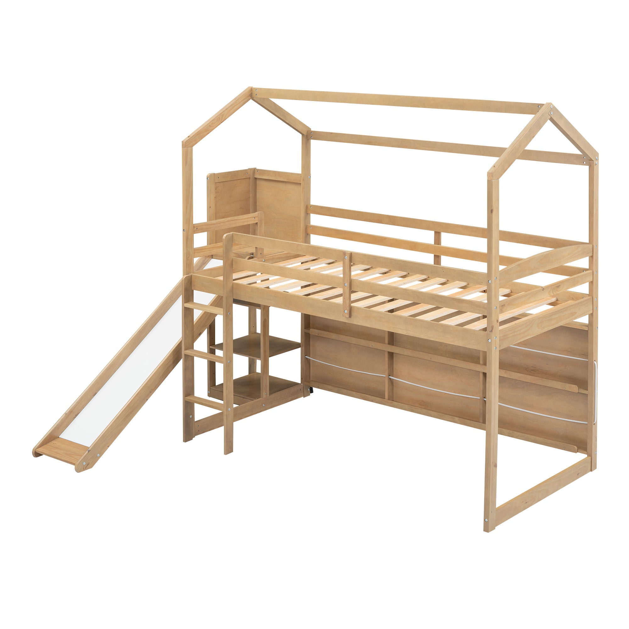House Loft Bed With Slide, Storage Shelves And Light, Climbing Ramp