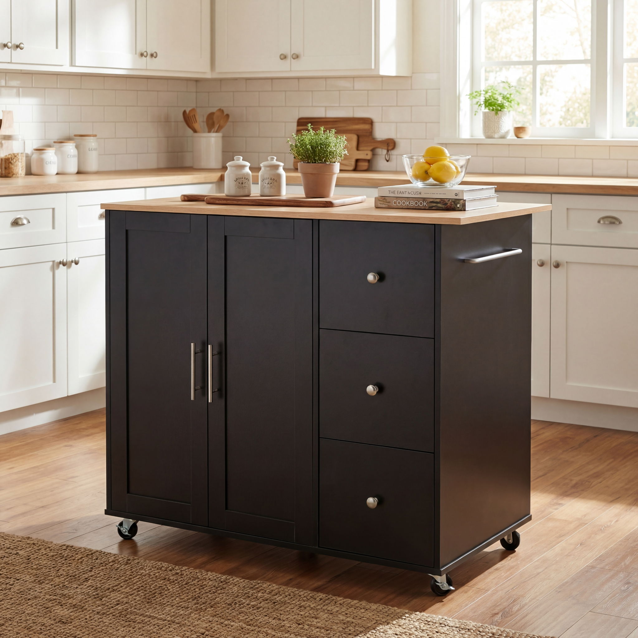 Mobile Kitchen Cart With Storage With 2 Doors, 3 Drawers & Adjustable Shelf - Black / Natural