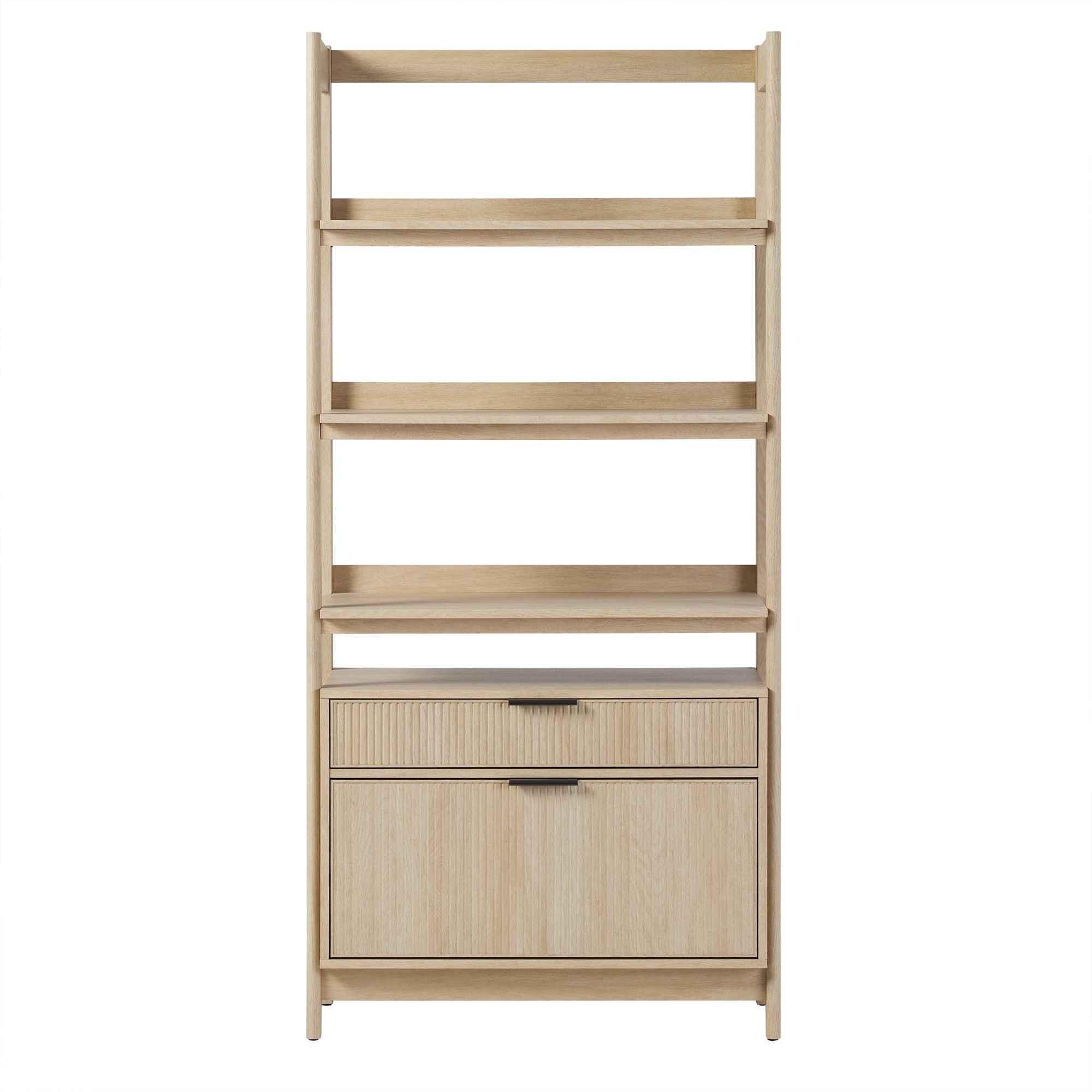 Transitional Wide Reeded Bookshelf With Drawers On Bottom