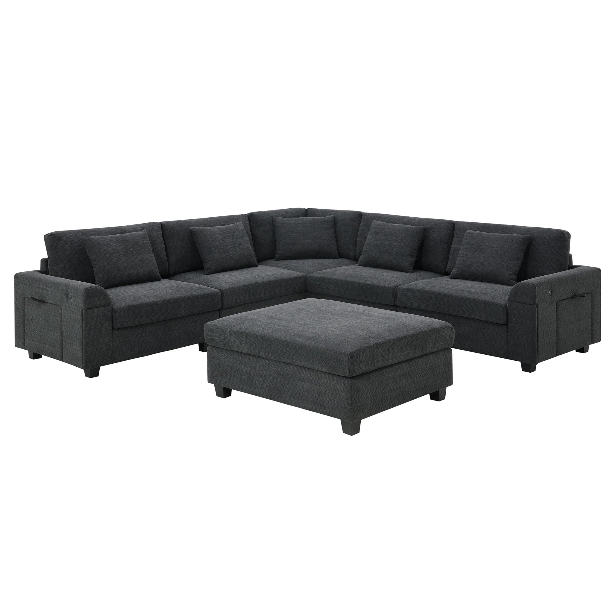 U Shaped Sectional Sofa 6 Seat Couch Set With Oversized Ottoman, Hidden Armrest Storage And Cup Holders USB Charging Ports Wide Seat Sofa