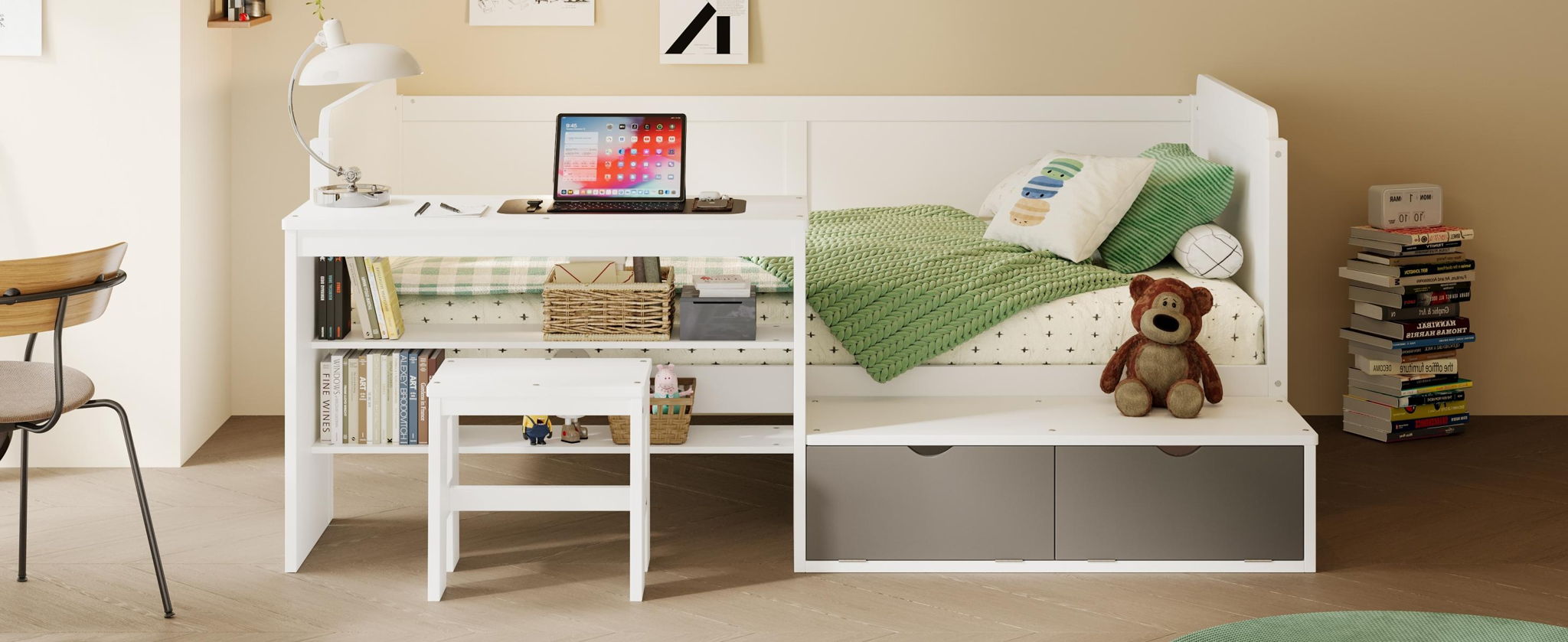 Daybed With Storage Shelves And Lockers, Multi Functional Bed With Study Desk And Matching Stool