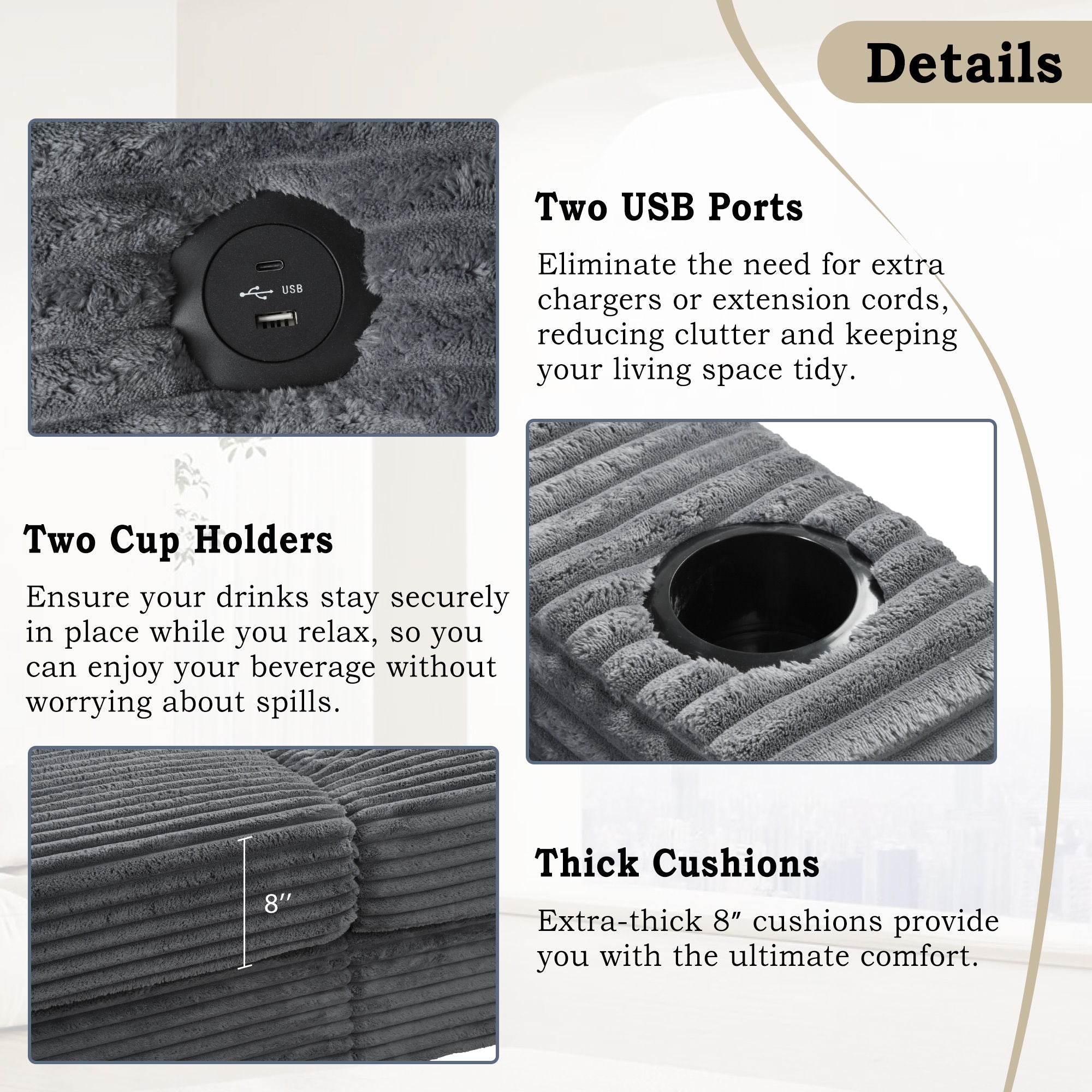 Oversized Loveseat Chaise With 2 USB Ports, 2 Cup Holders And 2 Throw Pillows