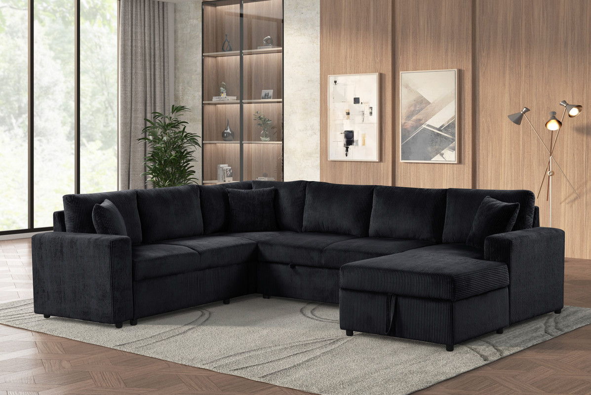 Ruxley 123"W Black Corduroy Sleeper Sectional Sofa with Right-Facing Storage Chaise and Throw Pillows