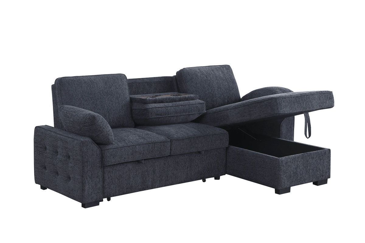 Mackenzie 91"W Charcoal Chenille Fabric Reversible Sleeper Sectional with Storage Chaise, Drop-Down Table, Cup Holders and Charging Ports