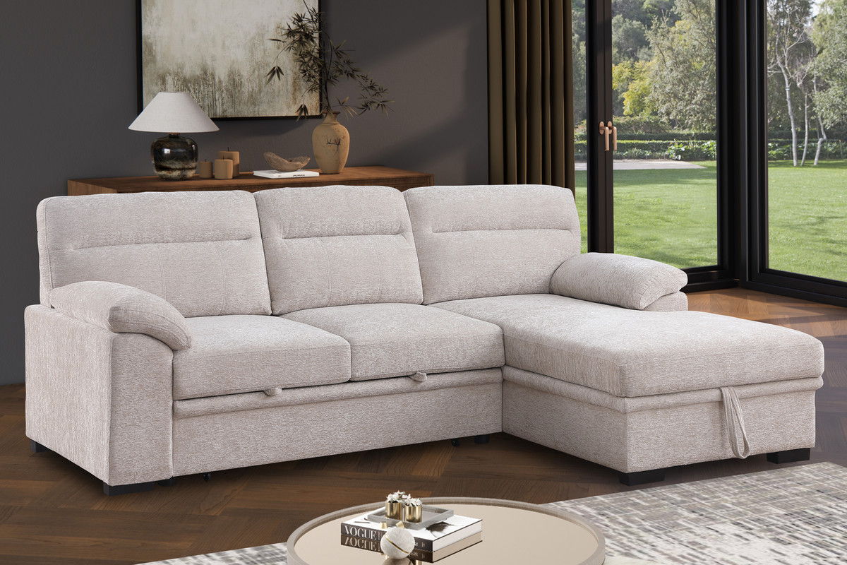 Kipling II 94"W Beige Chenille Fabric Sleeper Sectional Sofa with Right-Facing Chaise, Cupholders, USB Charging port
