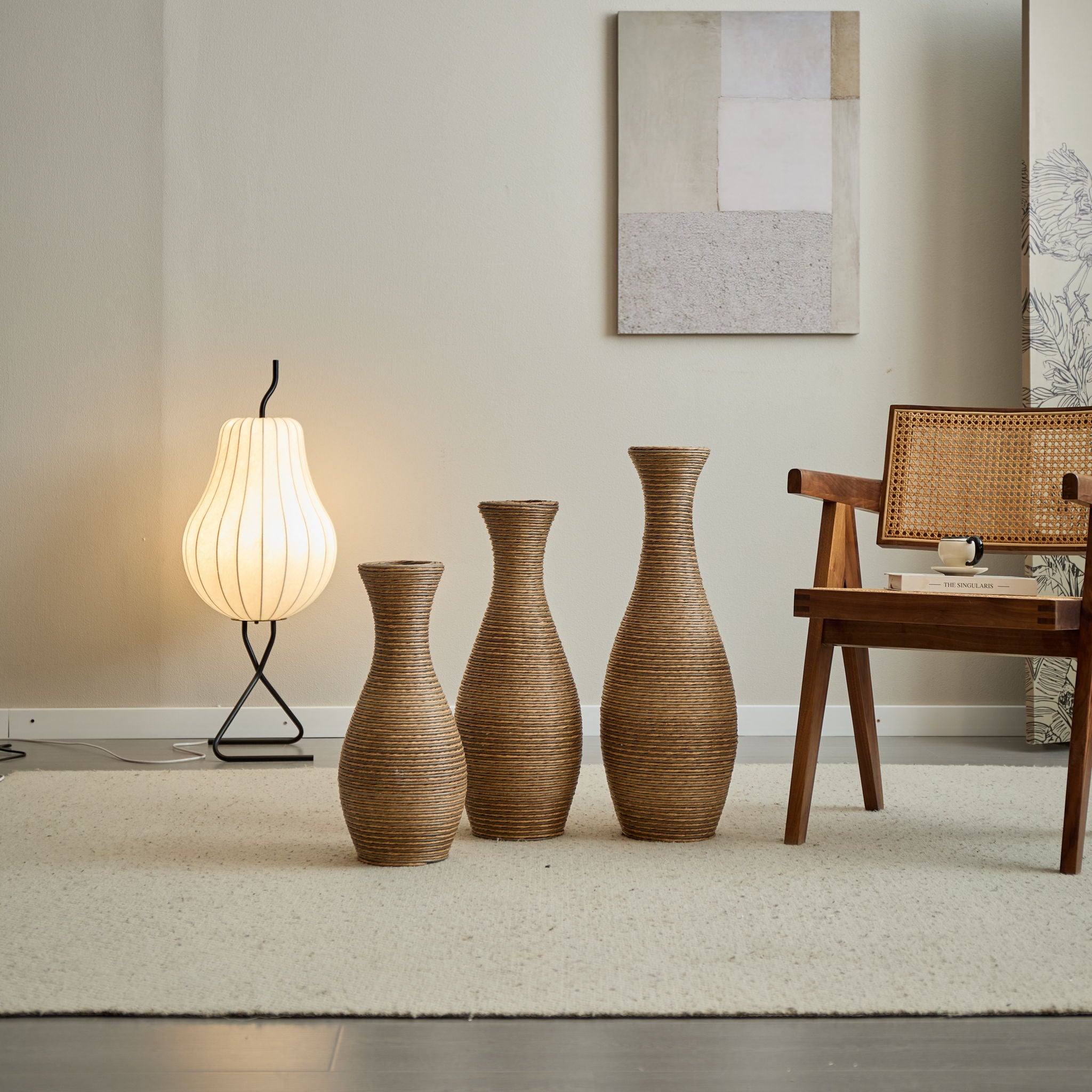 3 Piece Artificial Rattan Floor Vase Set Decorative Accent For Living Room, Hallway & Entryway, Ideal For Dried Or Silk Flower Arrangements - Beige