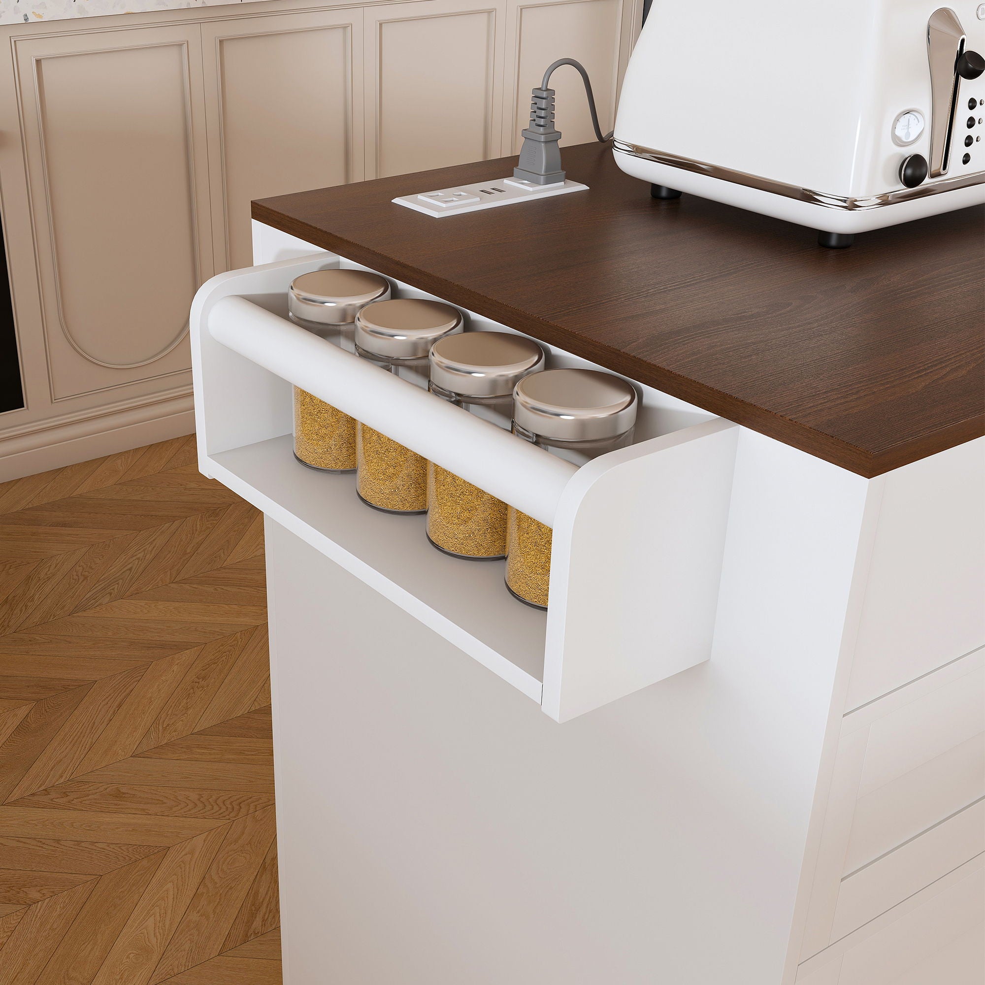 Modern Kitchen Island With Extendable Dining Table & Power Outlet - White