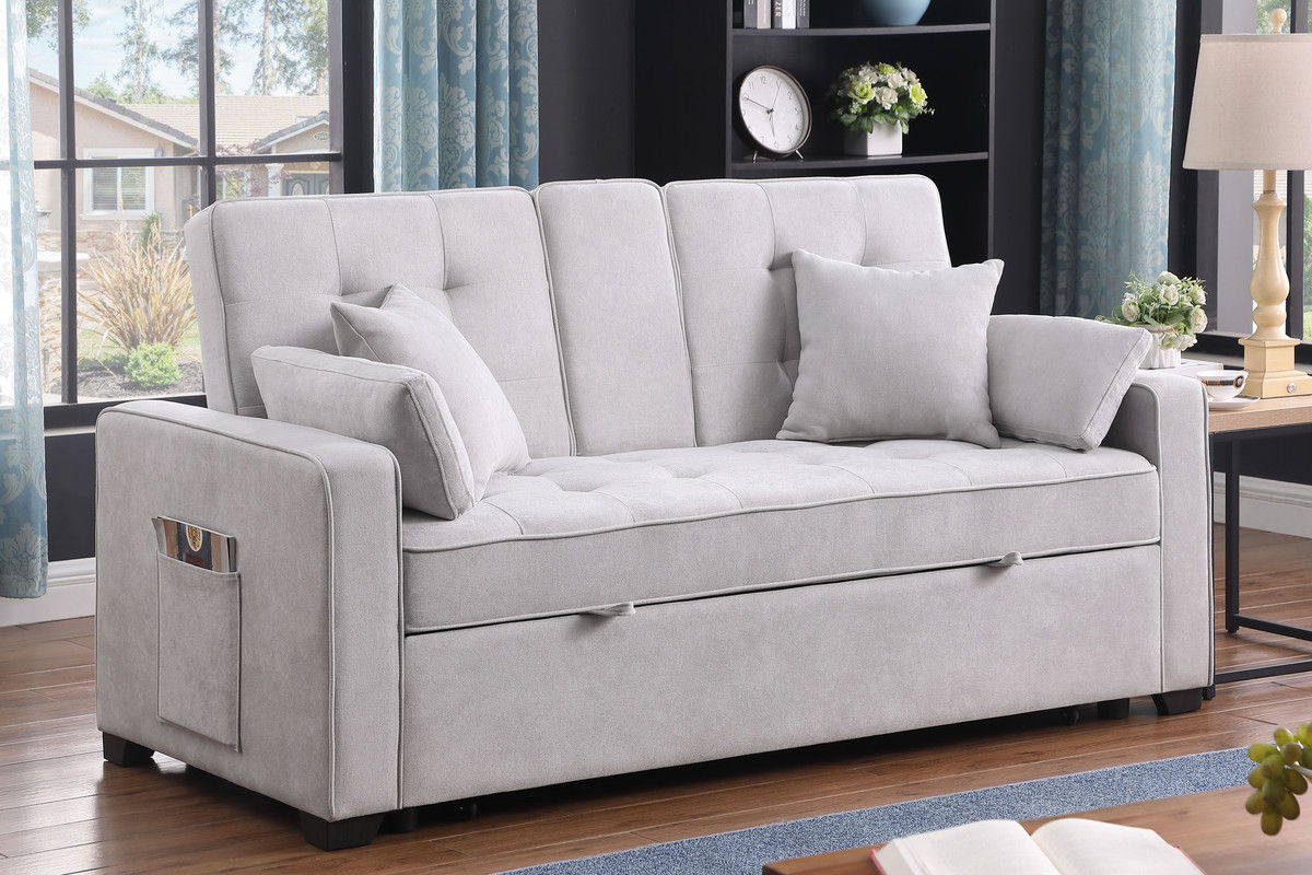 Cody II 70"W Light Gray Woven Fabric Convertible Sleeper Loveseat with Dropdown Console, Cup Holders, Charging Ports, Pocket, and Pocket Coil Seating