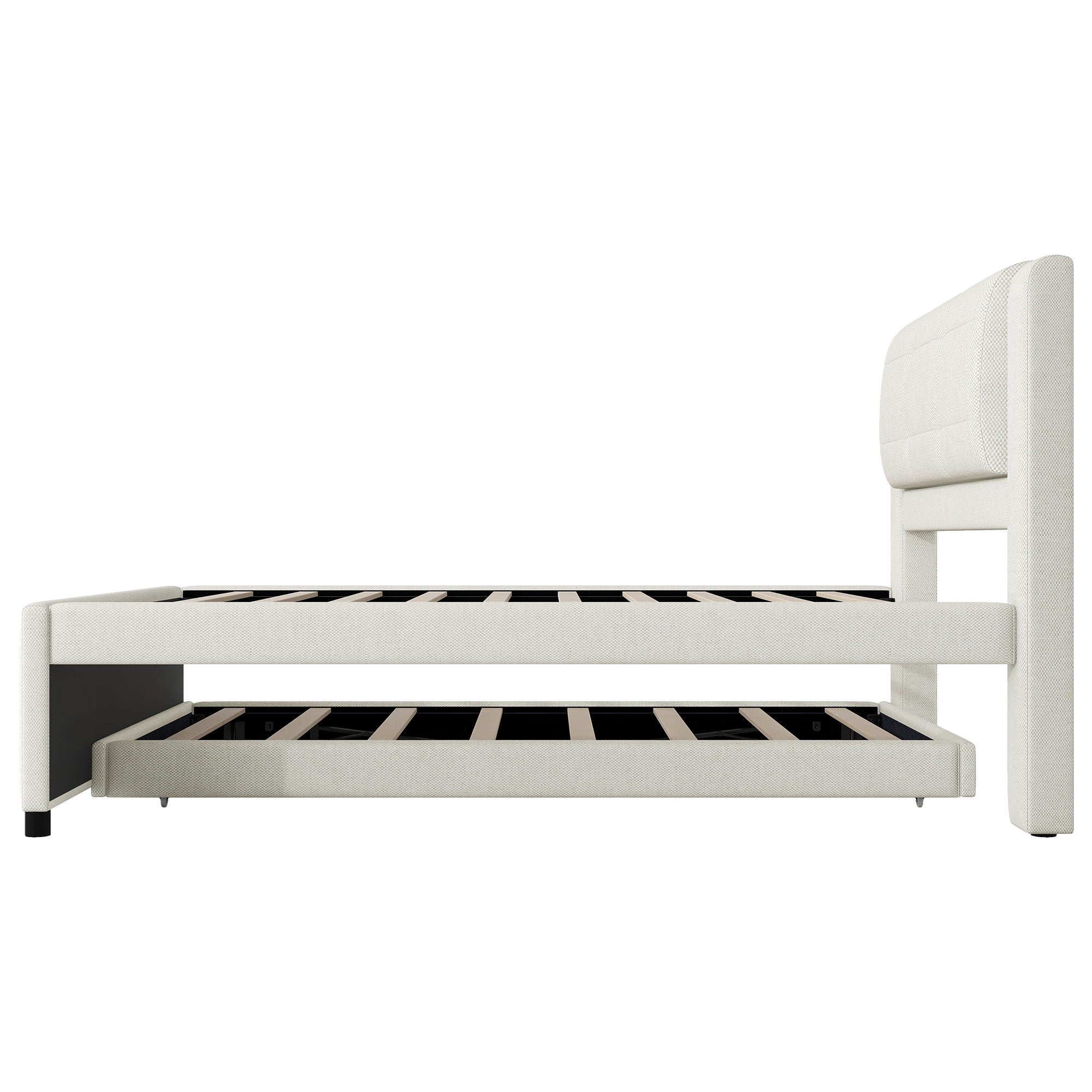 Full Size Upholstered Platform Bed With Adjustable Trundle - Beige