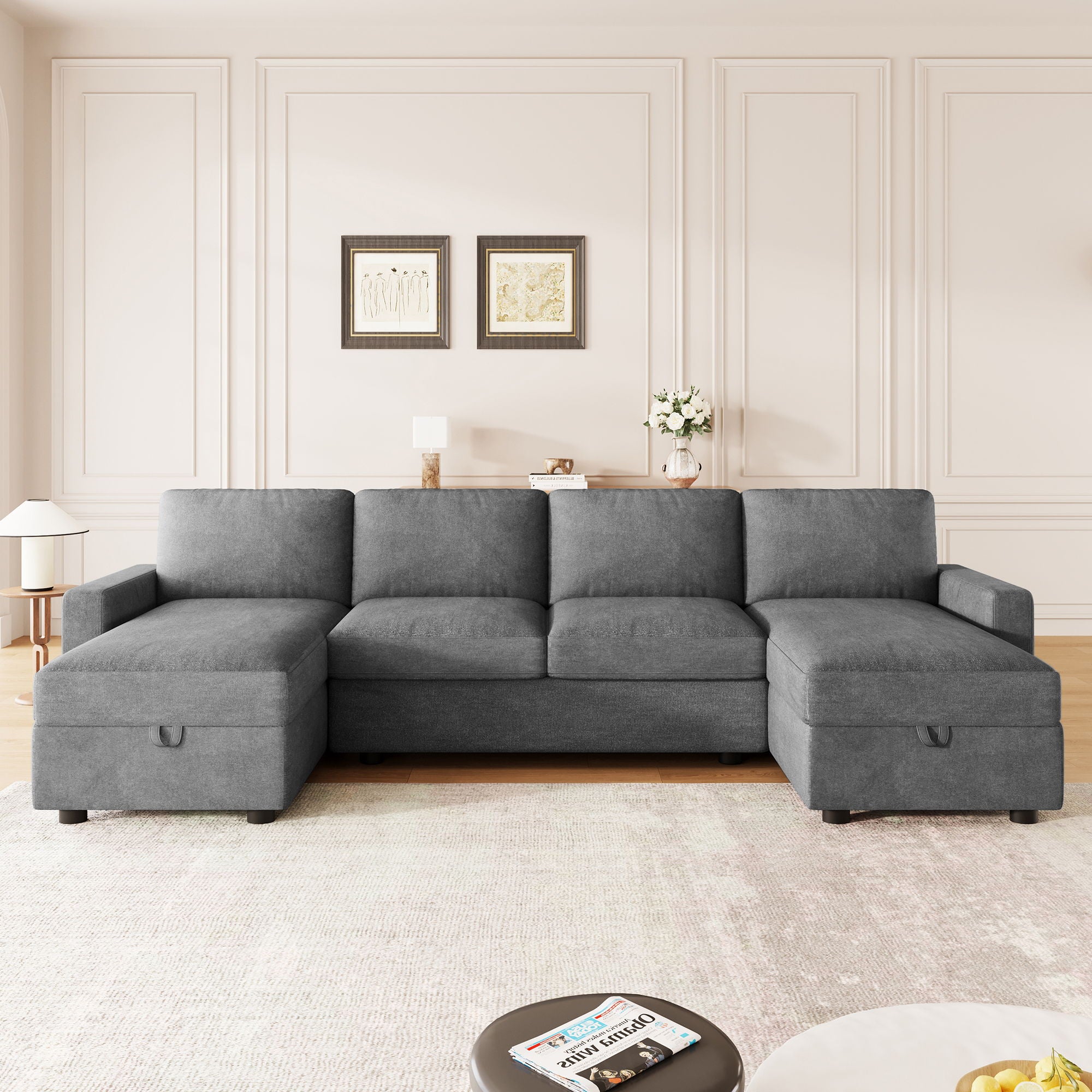 Convertible Sectional Sofa With Storage Chaise Lounges And USB Ports