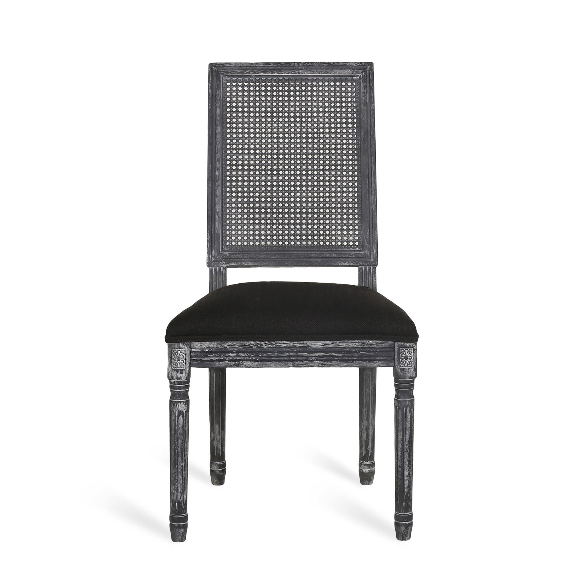 French Country Dining Chair With Rectangular Cane Backrest And Smooth Upholstered Seating