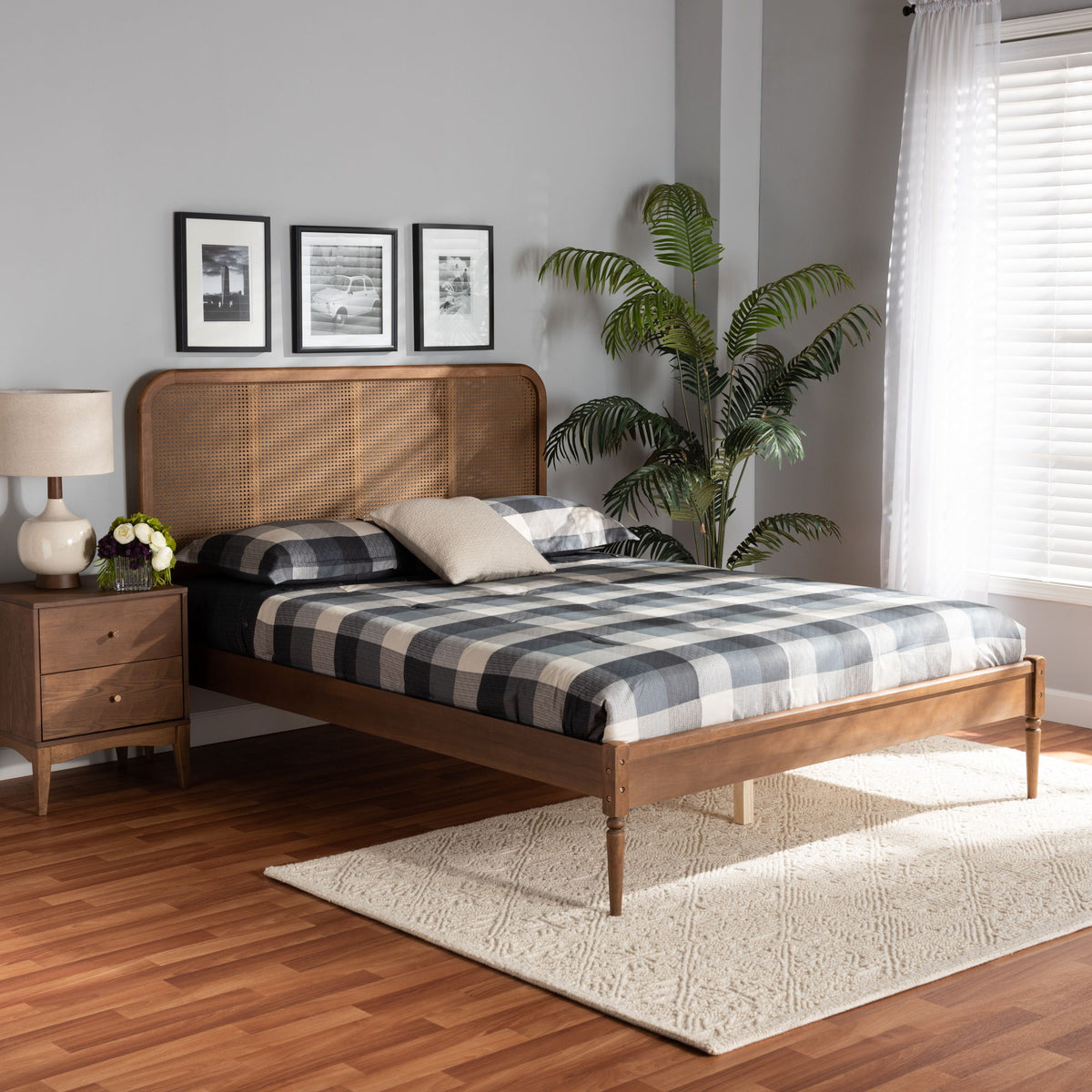 Elston Mid-Century Modern Walnut Brown Finished Wood and Synthetic Rattan Full Size Platform Bed