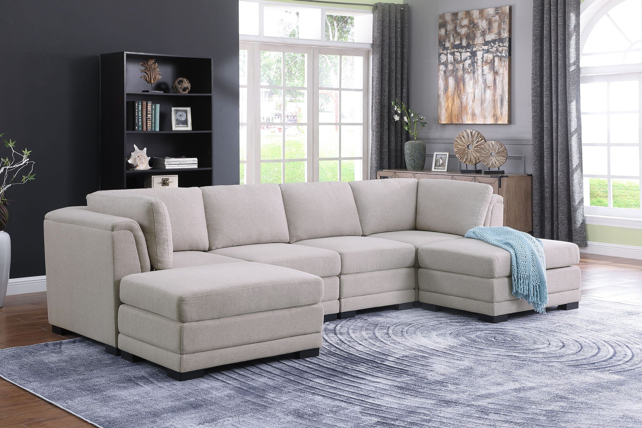 Kristin 121.5"W Light Gray Linen Fabric Reversible Sectional Sofa with 2 Ottomans