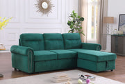 Ashton 96.5"W Green Velvet Fabric Reversible Sleeper Sectional Sofa Chaise