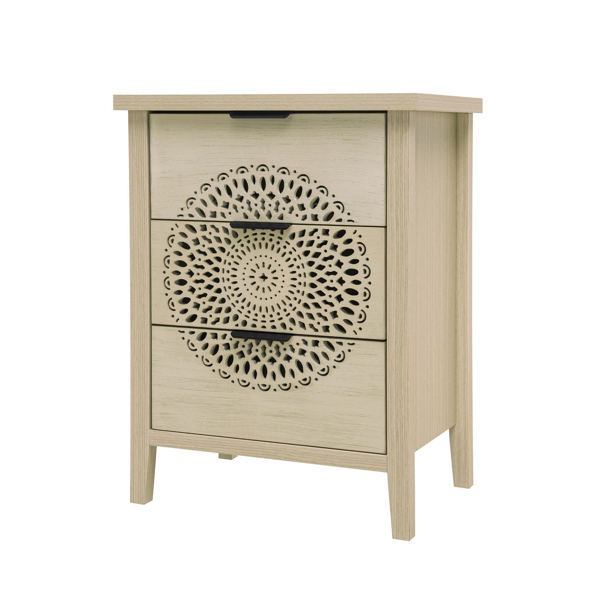 Hollow Carved 3 Drawer Cabinet Dresser Storage Chest With Metal Handles For Living Room Bedroom - Natural