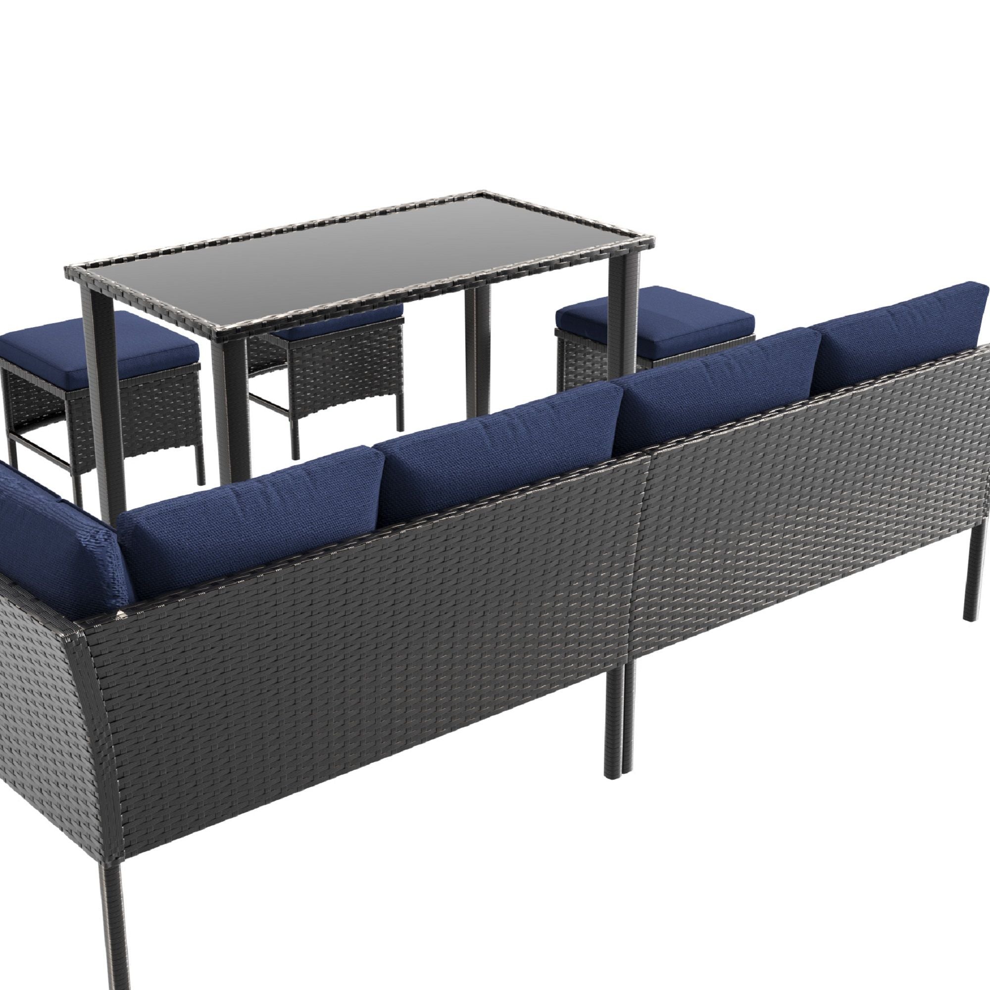 7 Piece Outdoor Furniture Set With Waterproof Cushions, Glass Table, And Space Saving Design - Blue