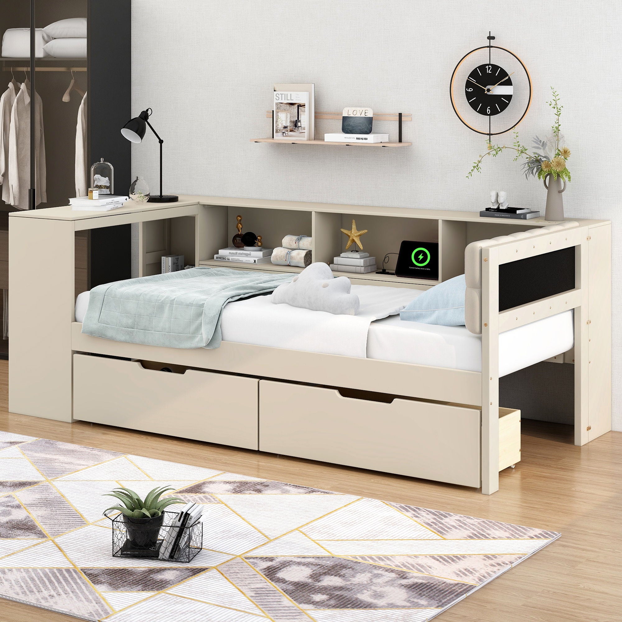 Upholstered Headboard Platform Bed With Storage Shelves, Drawers, Charging Station
