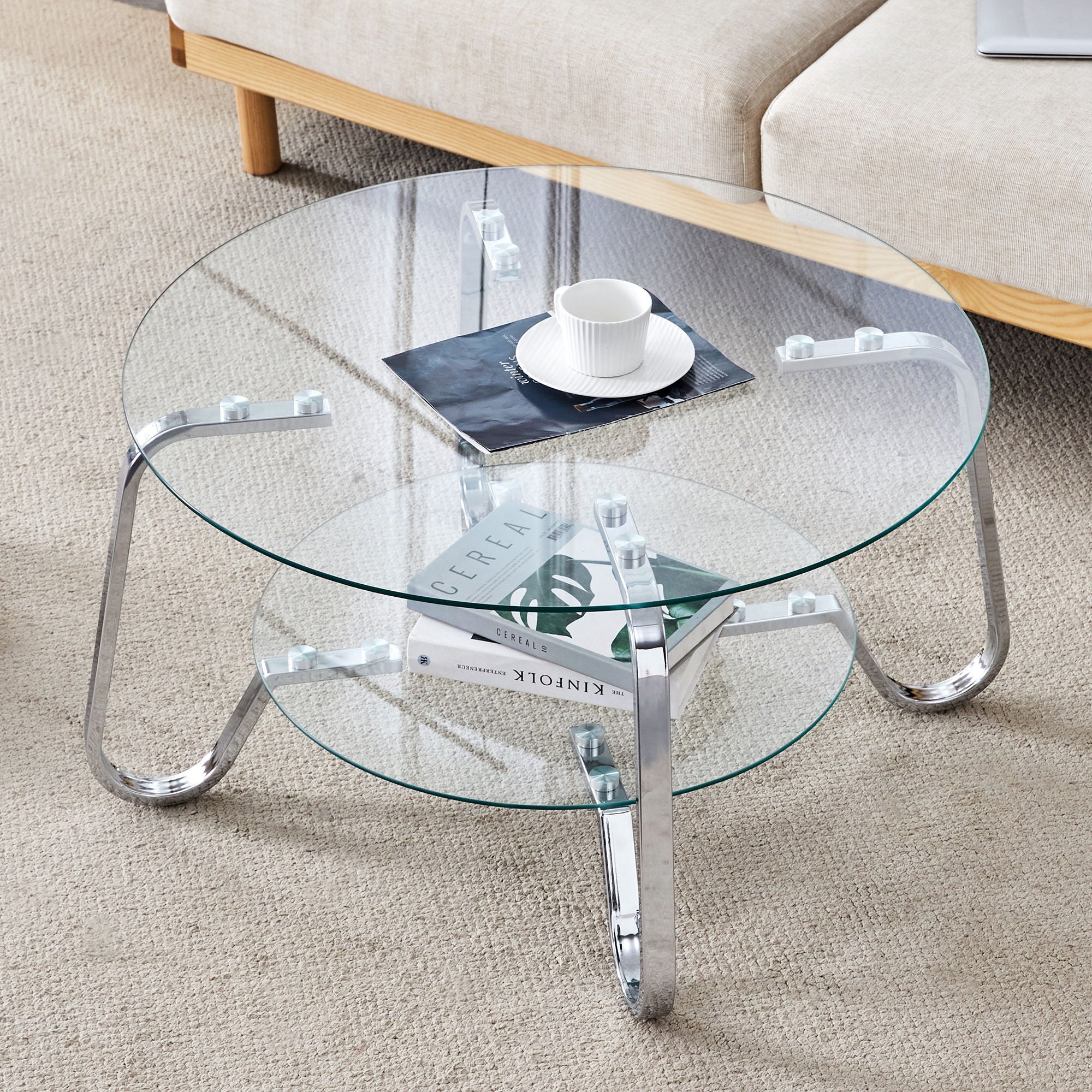 Retro Minimalist Style Metal Frame Double Layer Tempered Glass Coffee Table