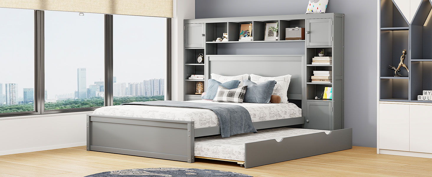 Bed With All In One Cabinet, Shelf And Sockets, Twin Long Trundle