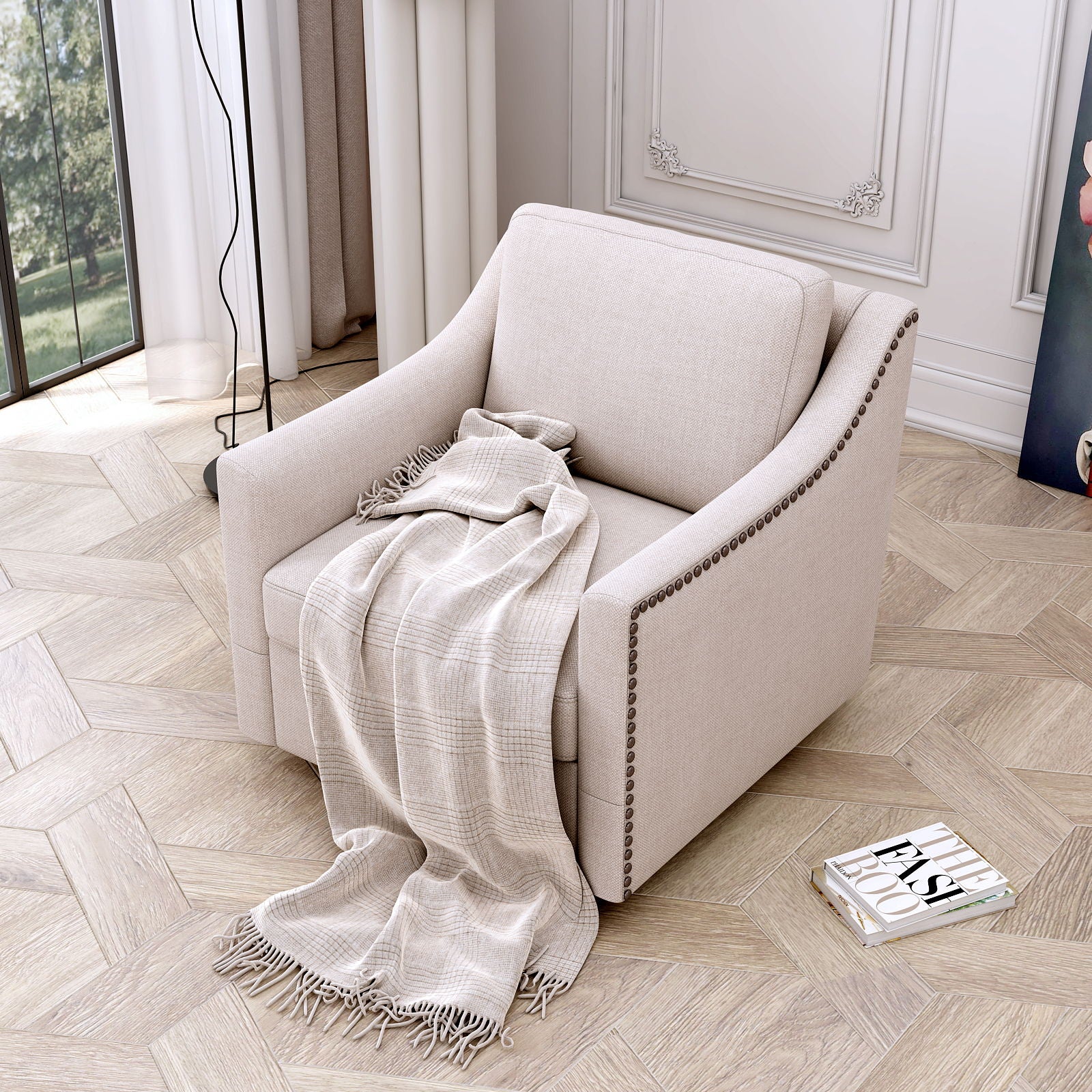 360 Degree Swivel Armchair, Skin Friendly Fabric, Ergonomic Design, Brass Nail Decorative Armchair