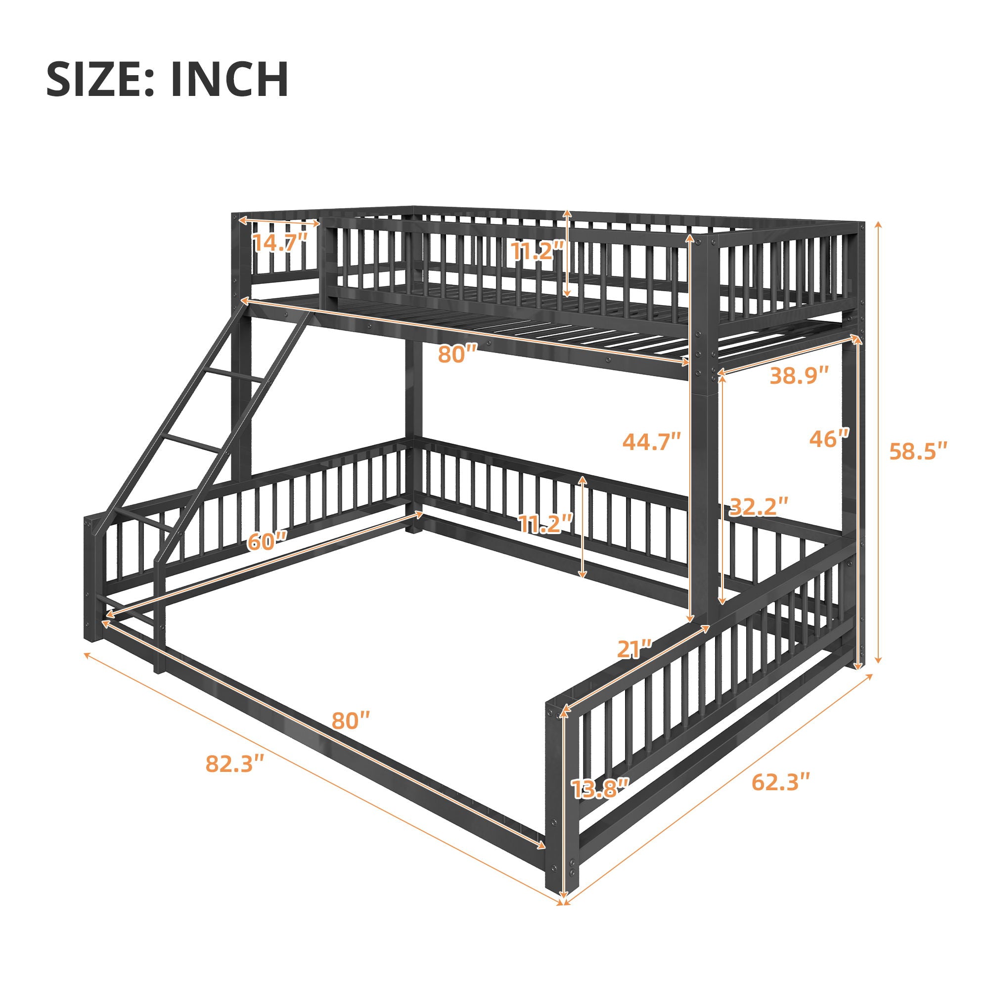 Bunk Bed Frame With Ladder And Safety Guardrails