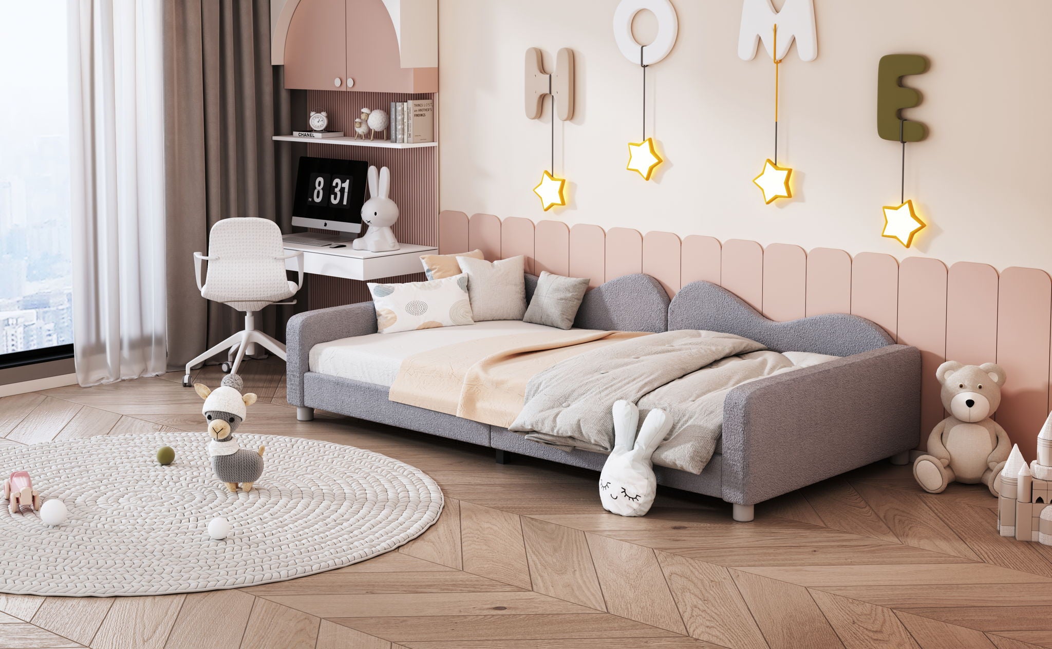 Upholstered Daybed, Sherpa Fabric Sofabed With Cloud-Shaped Backrest