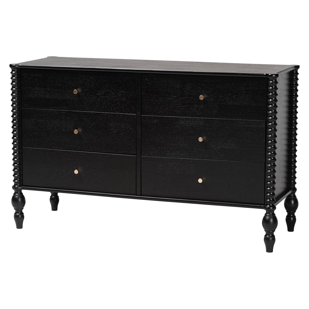Denita Spindle 4-Piece Bedroom Set - Farmhouse Platform Bed with Matching Dresser, Chest, and 1-Drawer Nightstand, Black, Twin
