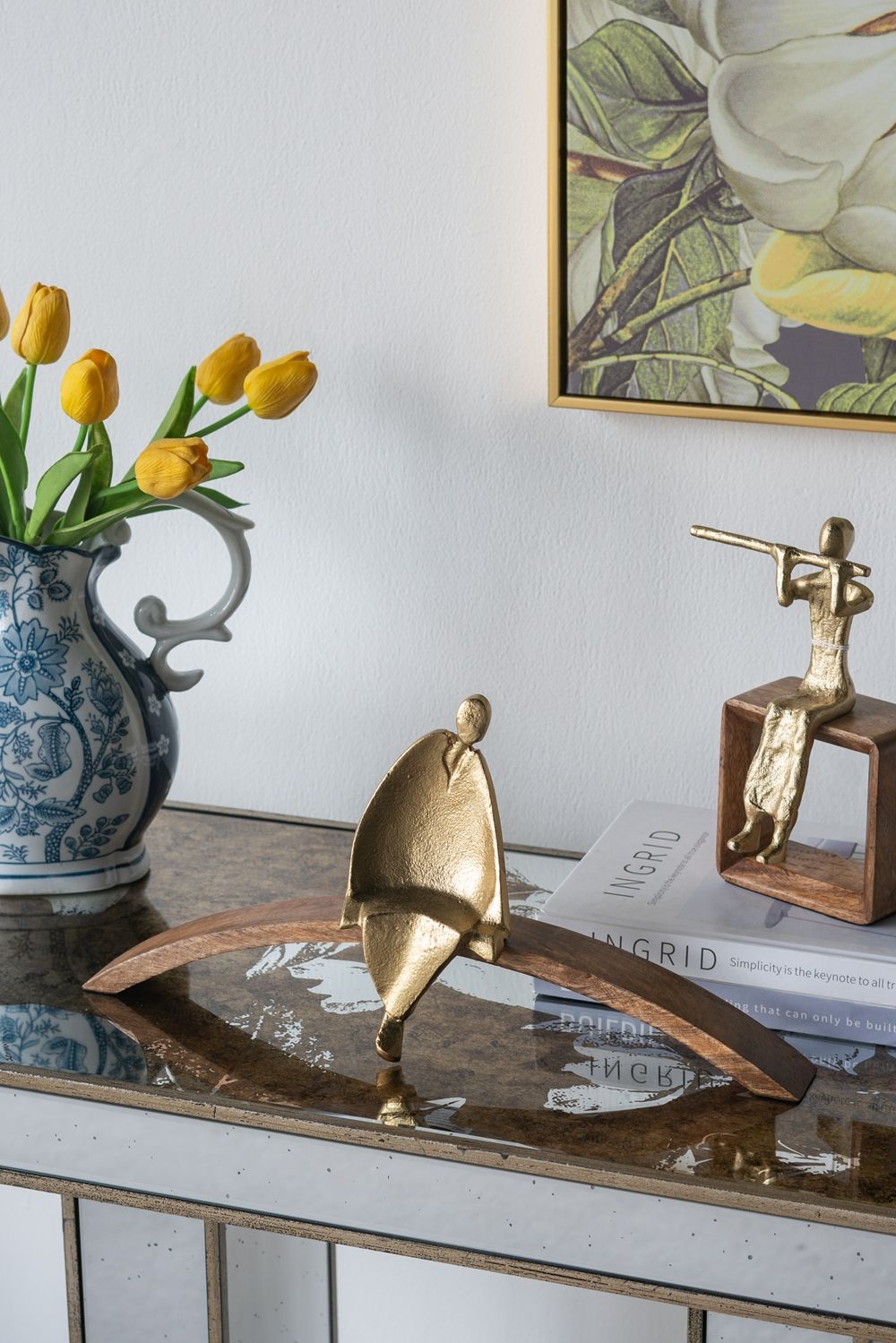 Rectangular Console Table With Elegant Floral Design And Mirrored - Silver Multi
