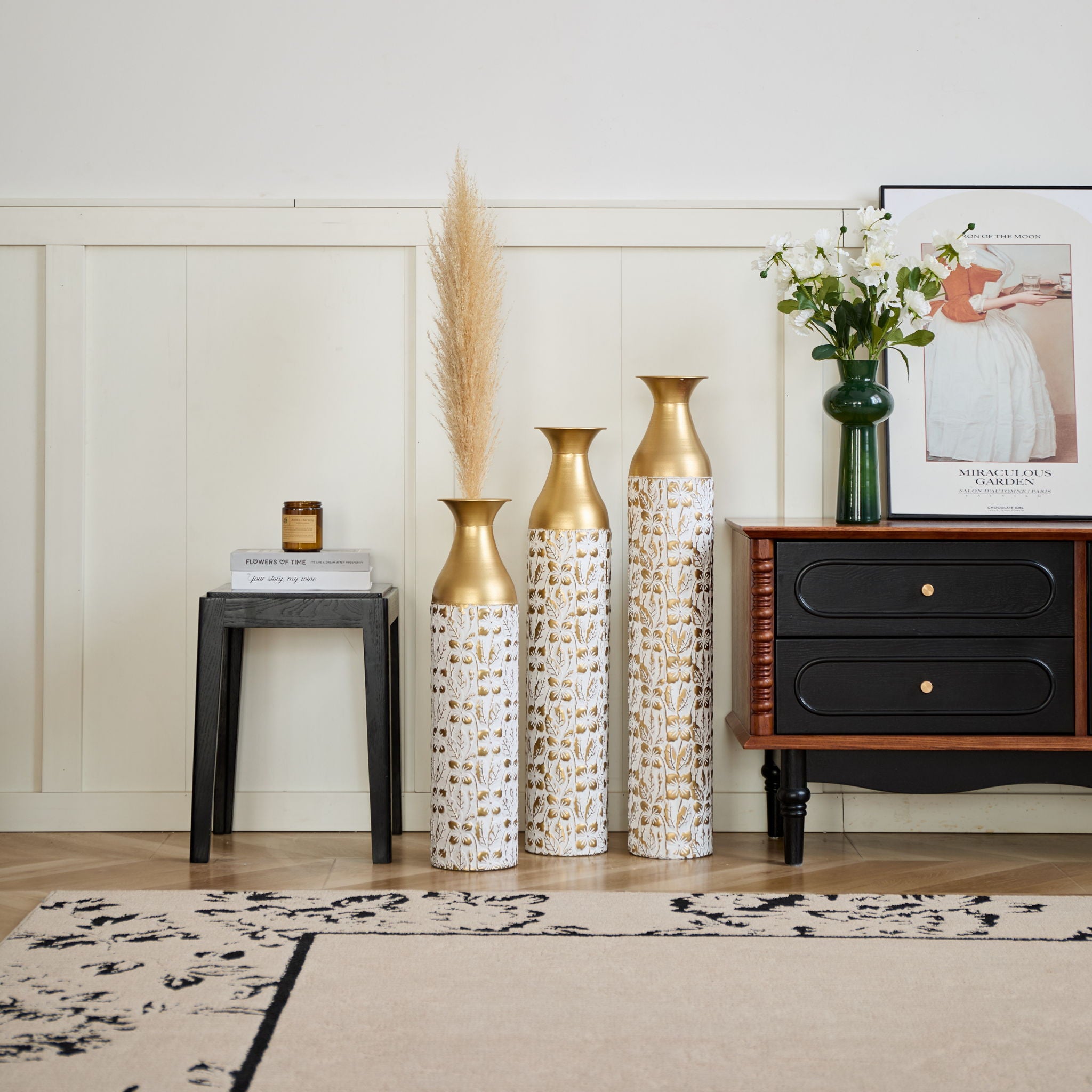 Mother's Day Gift Set Gilded White 3D Relief Flower Metal Vase Set - White / Gold