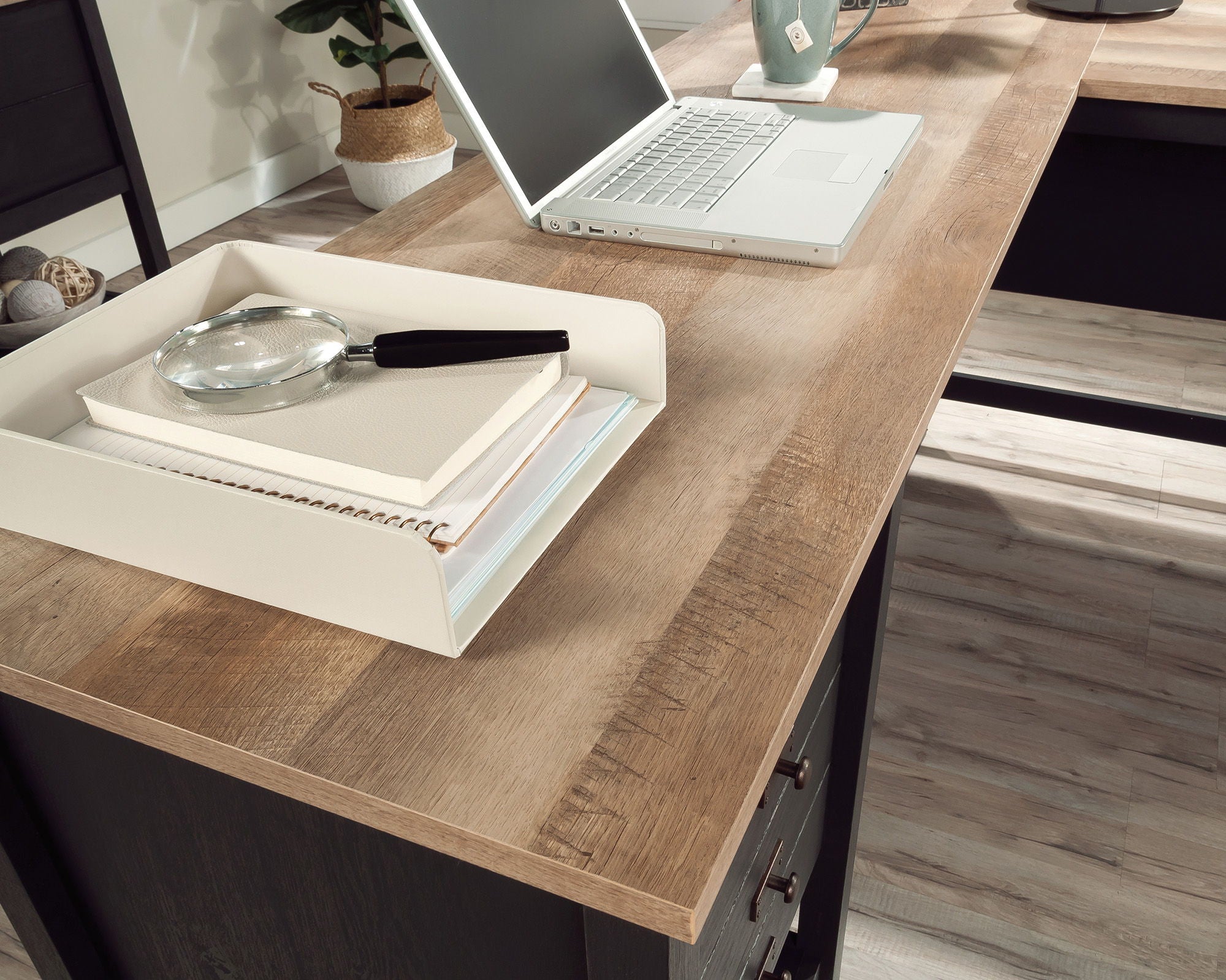 L-Shaped Desk with Drawers in Raven Oak