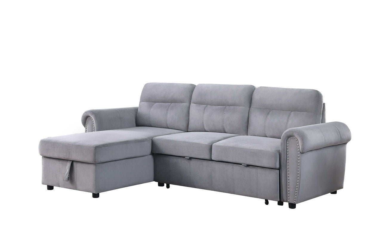 Ashton 96.5"W Gray Velvet Fabric Reversible Sleeper Sectional Sofa Chaise