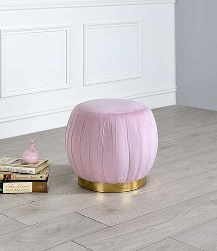 Assembled, Backless Round Ottoman (NO Storage) • Fully Padded Seat: Velvet • Armless • Wooden Inner Frame • Metal Round Base.