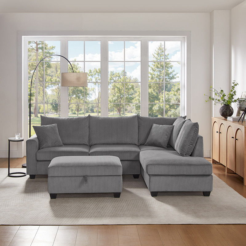 Rowan 107"W Dark Gray Corduroy Fabric Sectional Sofa with Right Facing Chaise, USB & USB-C Charging Port, Storage Ottoman, and Pillows