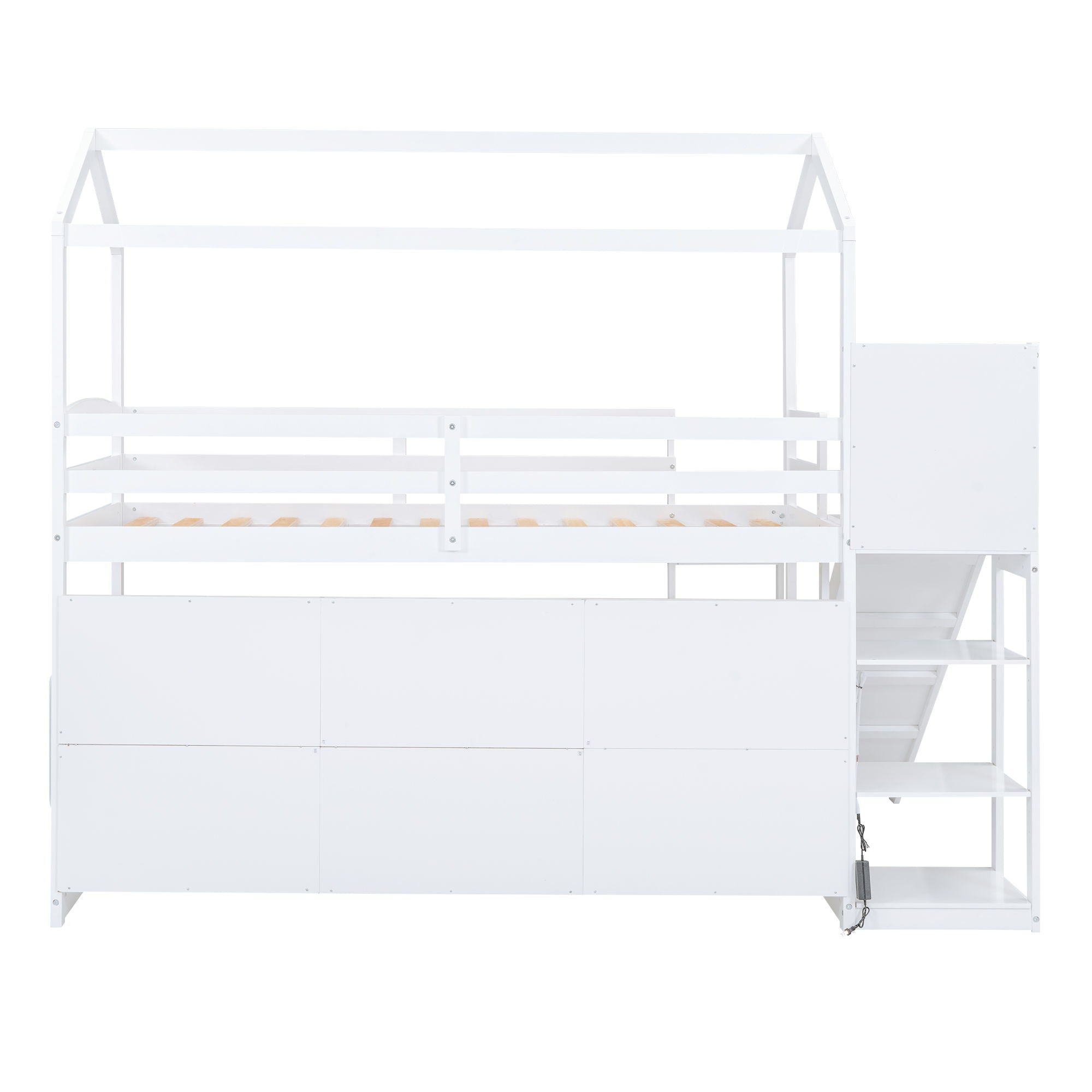 House Loft Bed With Slide, Storage Shelves And Light, Climbing Ramp