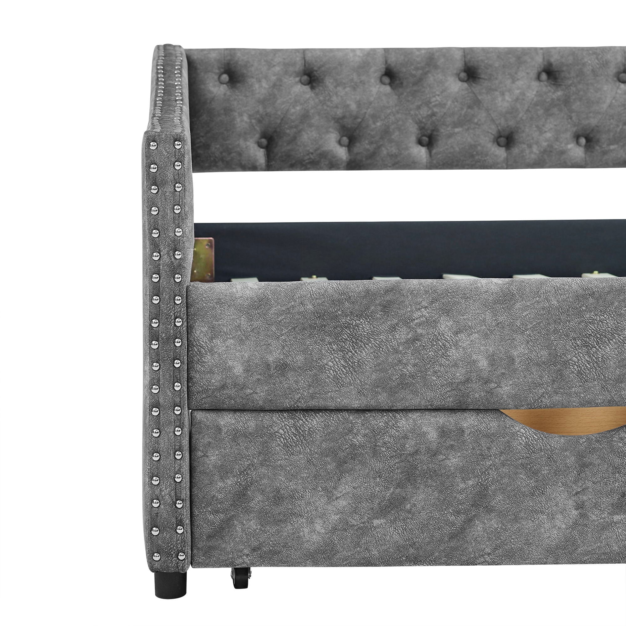 Upholstered Tufted Daybed With 2 Drawers, Waved Arms