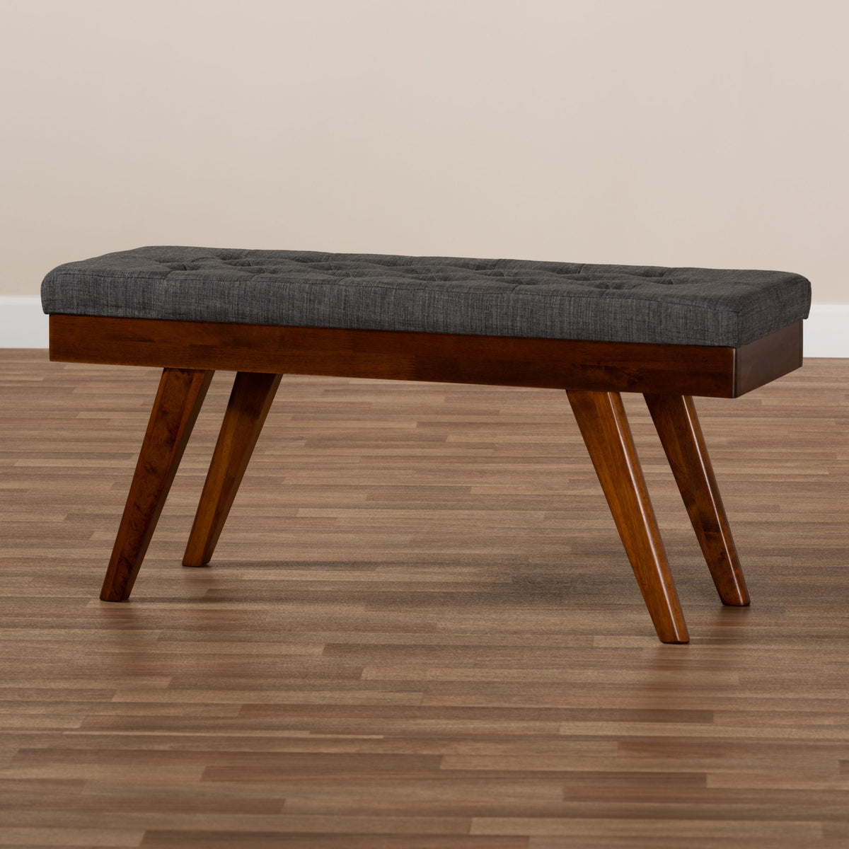 Alona Mid-Century Modern Medium Grey Fabric Upholstered Wood Dining Bench