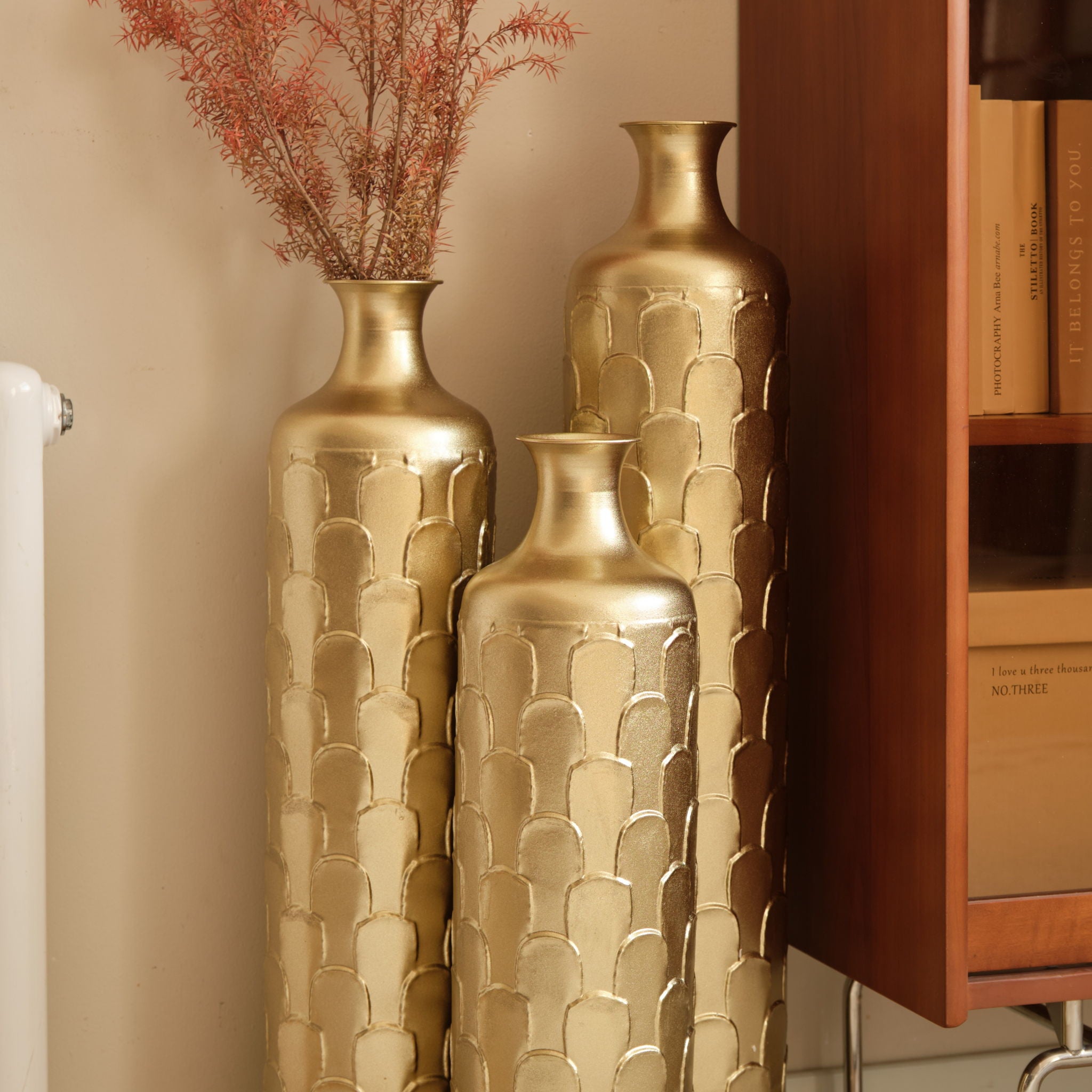 Floor Metal Vases Decorated White Metal Vases (Set of 3) Gorgeous Home Decoration Large Glazed Metal Vases - Golden