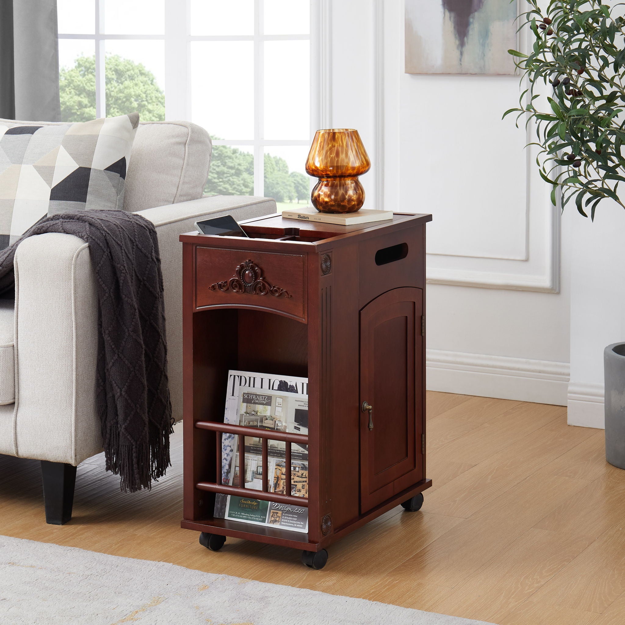 Traditional End Table With Charging Station, Narrow Side Table With USB Ports And Outlets - Red Walnut