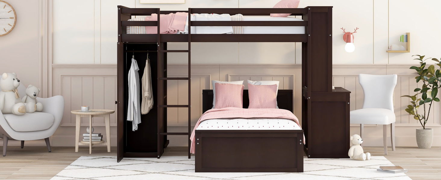 Loft Bed With A Stand Alone Bed, Shelves, Desk, And Wardrobe