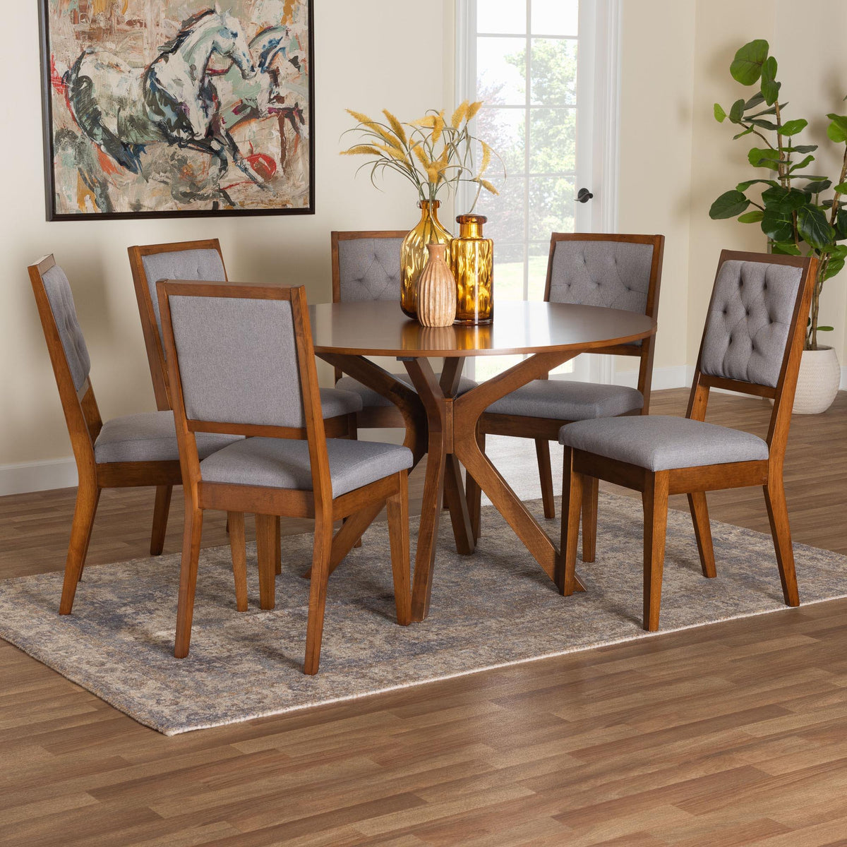 Mana Modern Grey and Walnut Brown Wood 7-Piece Dining Set
